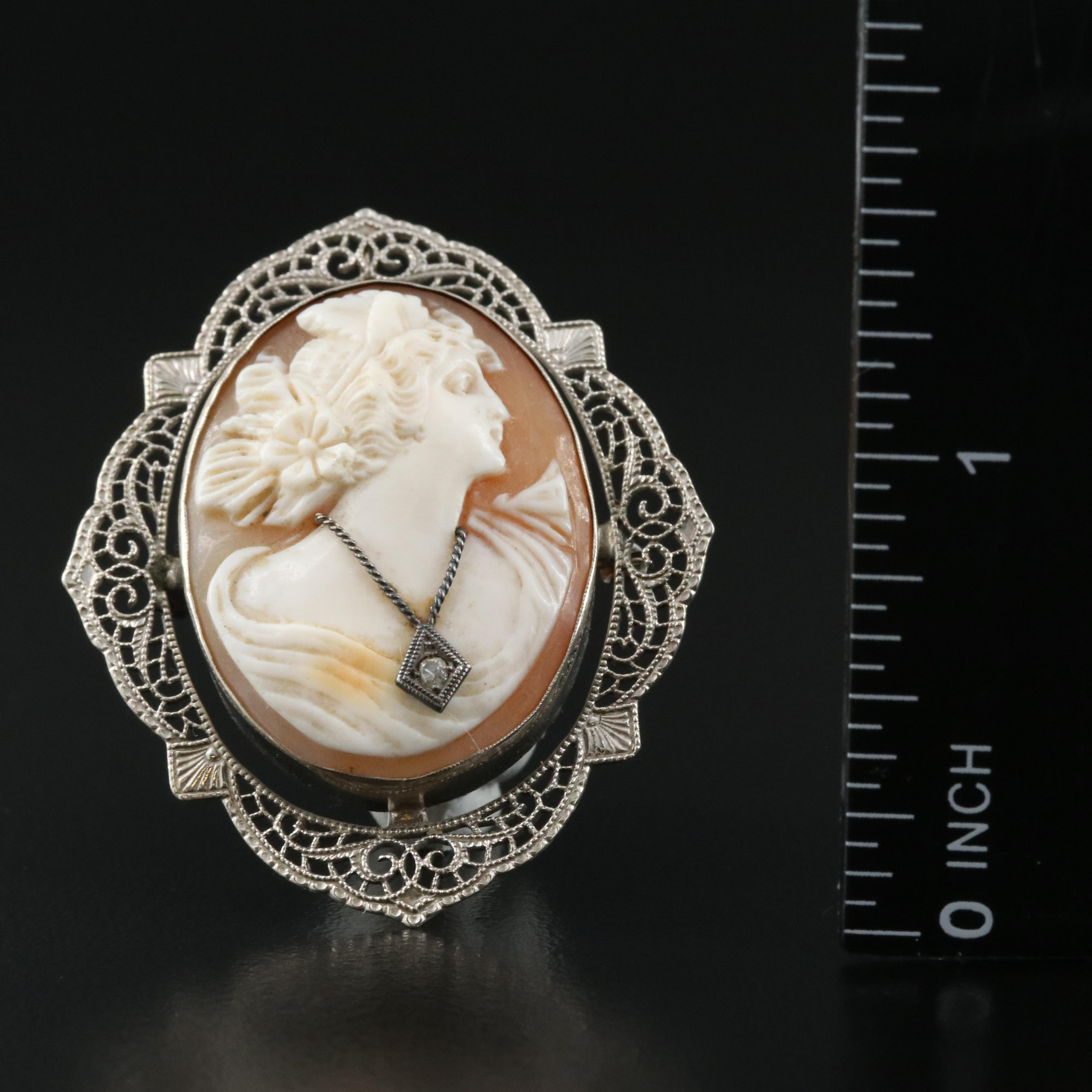 14K Shell and Diamond Cameo Habillé Cameo Converter Brooch