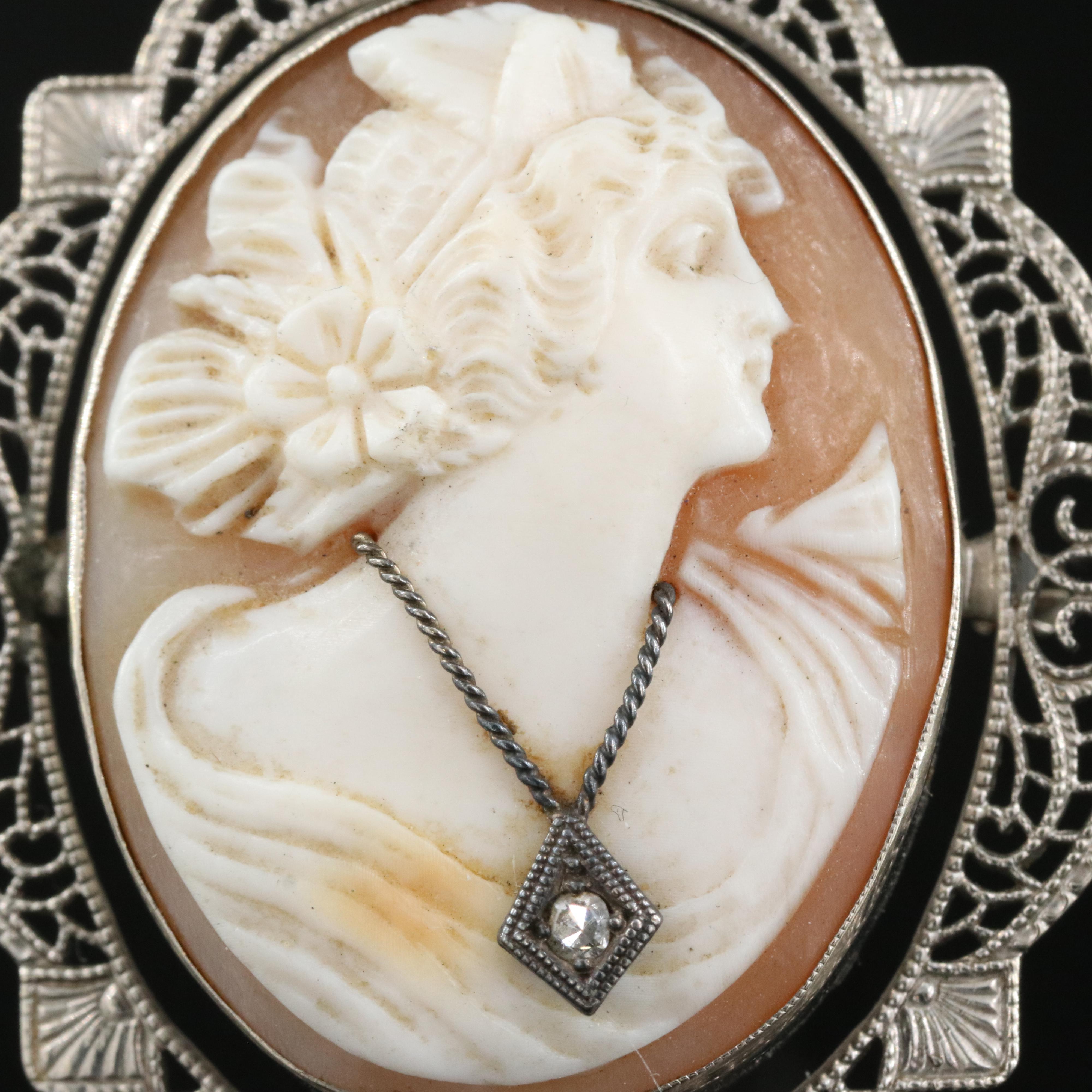 14K Shell and Diamond Cameo Habillé Cameo Converter Brooch