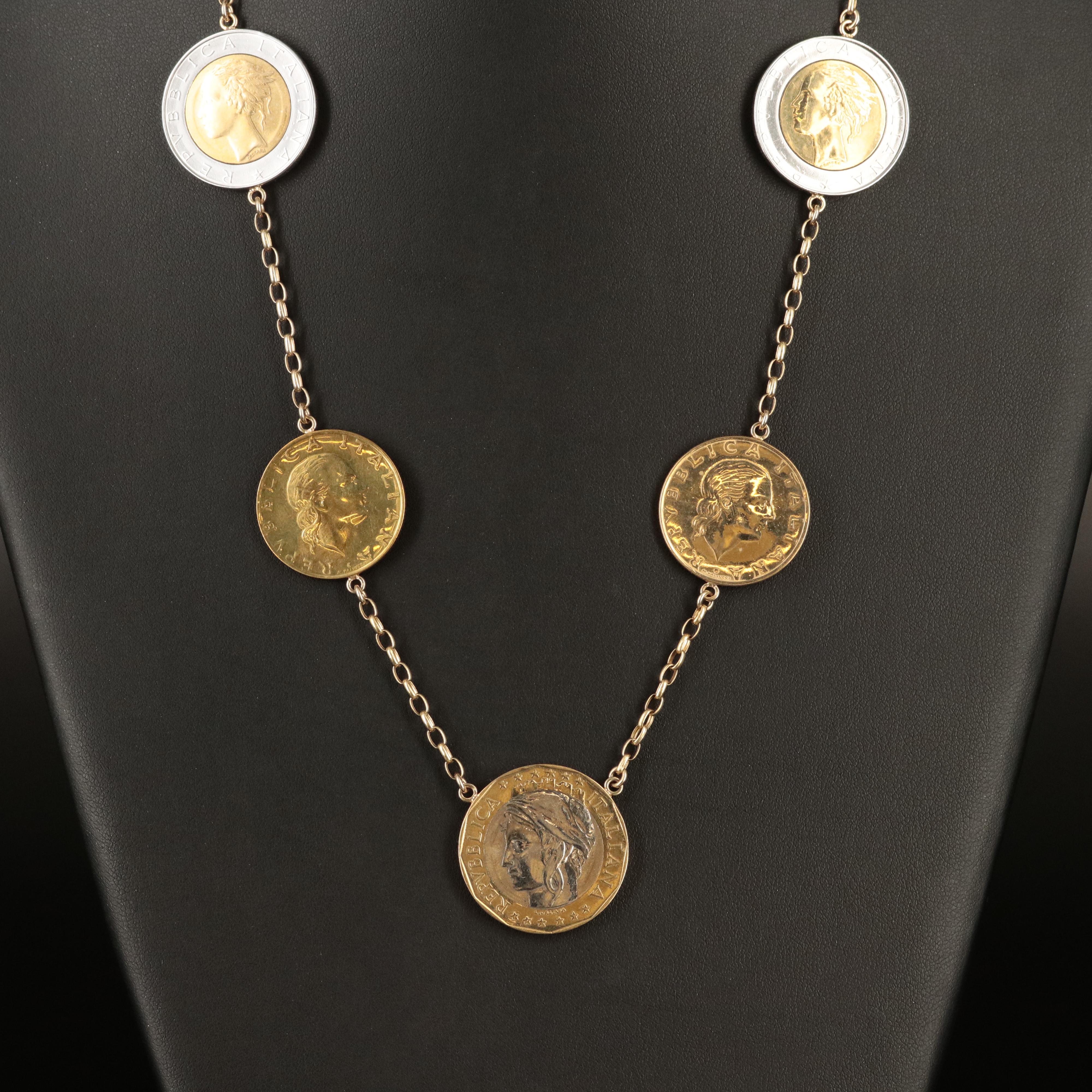 Italian 14K Necklace with Eleven Modern Italian Coins of Varying Denominations