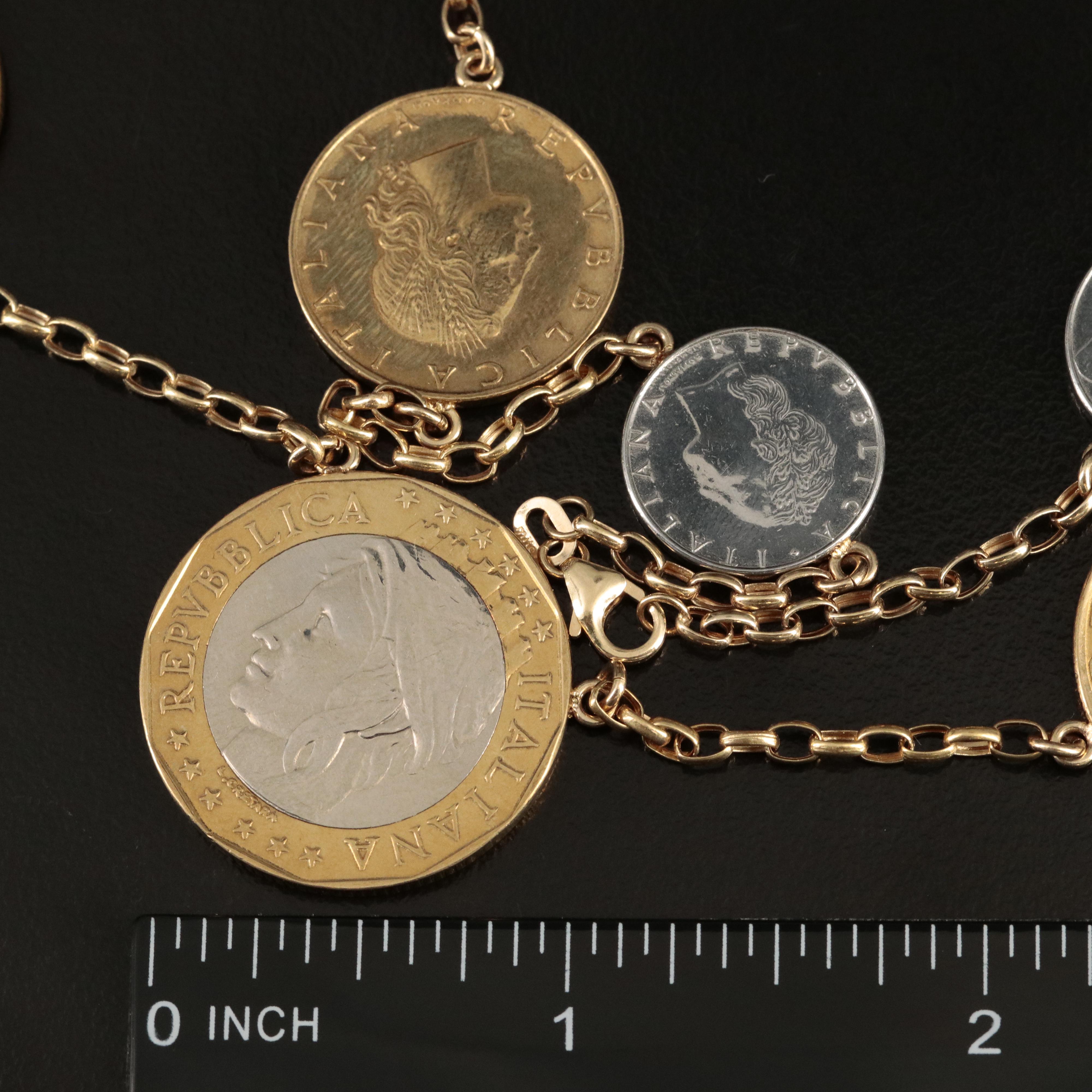 Italian 14K Necklace with Eleven Modern Italian Coins of Varying Denominations