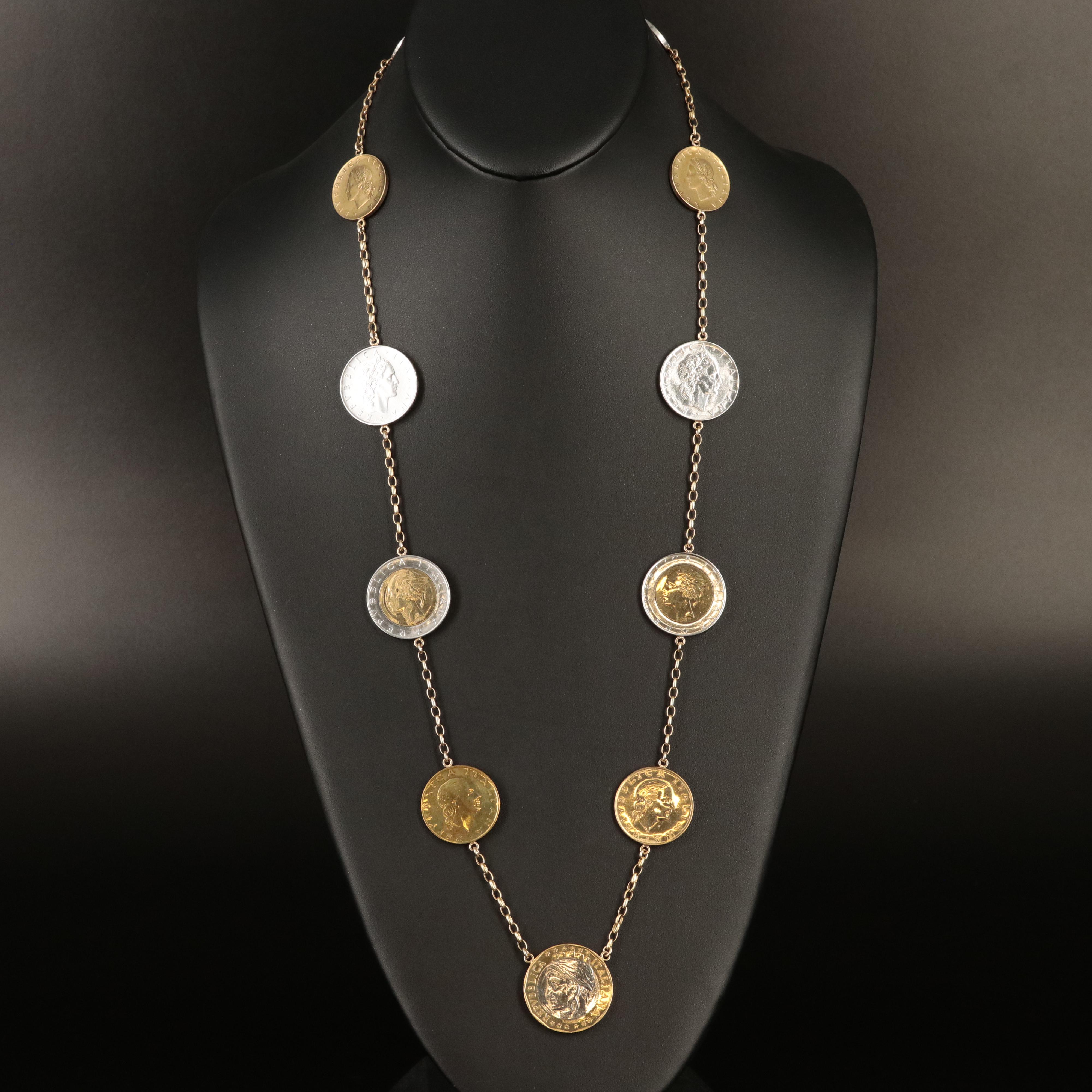 Italian 14K Necklace with Eleven Modern Italian Coins of Varying Denominations