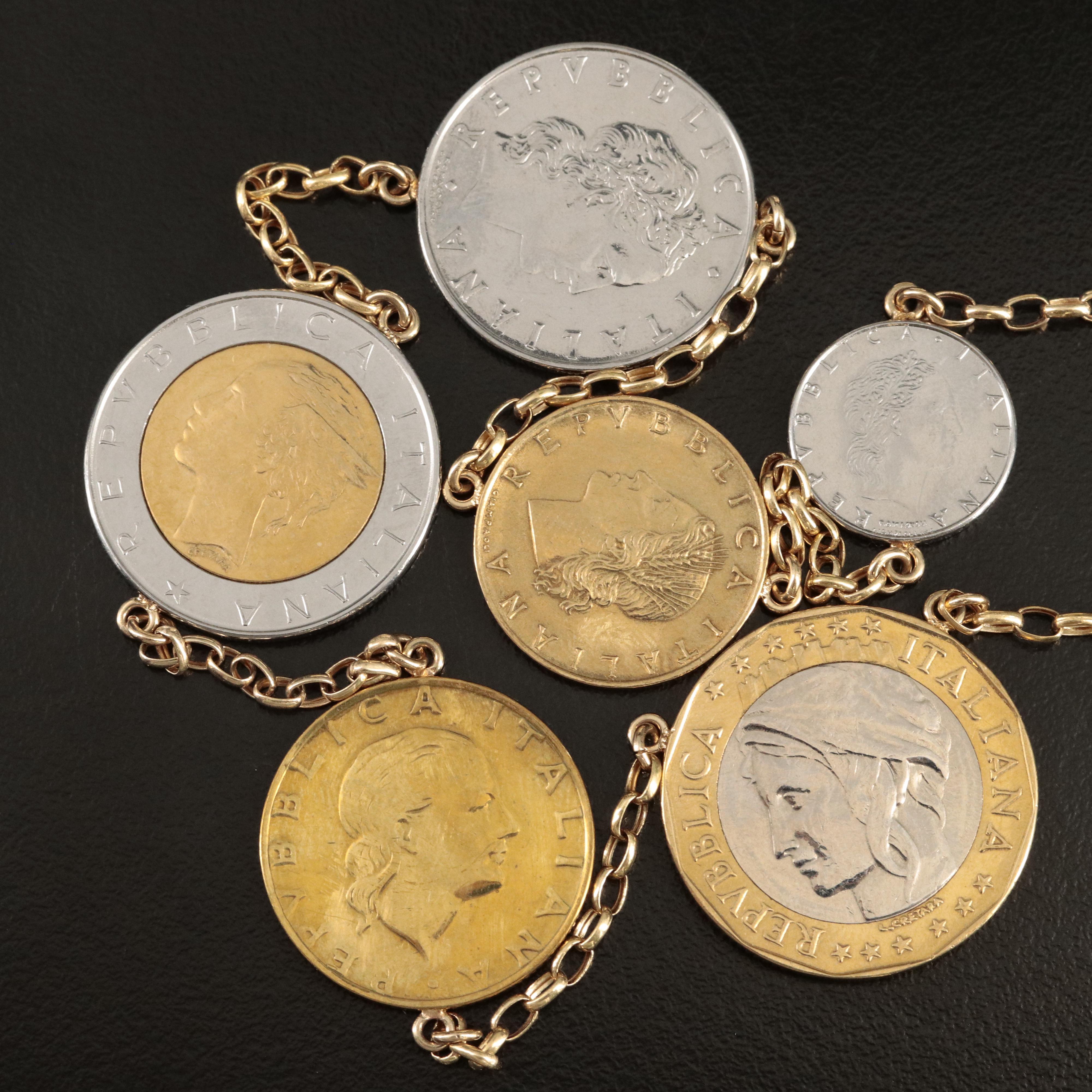 Italian 14K Necklace with Eleven Modern Italian Coins of Varying Denominations