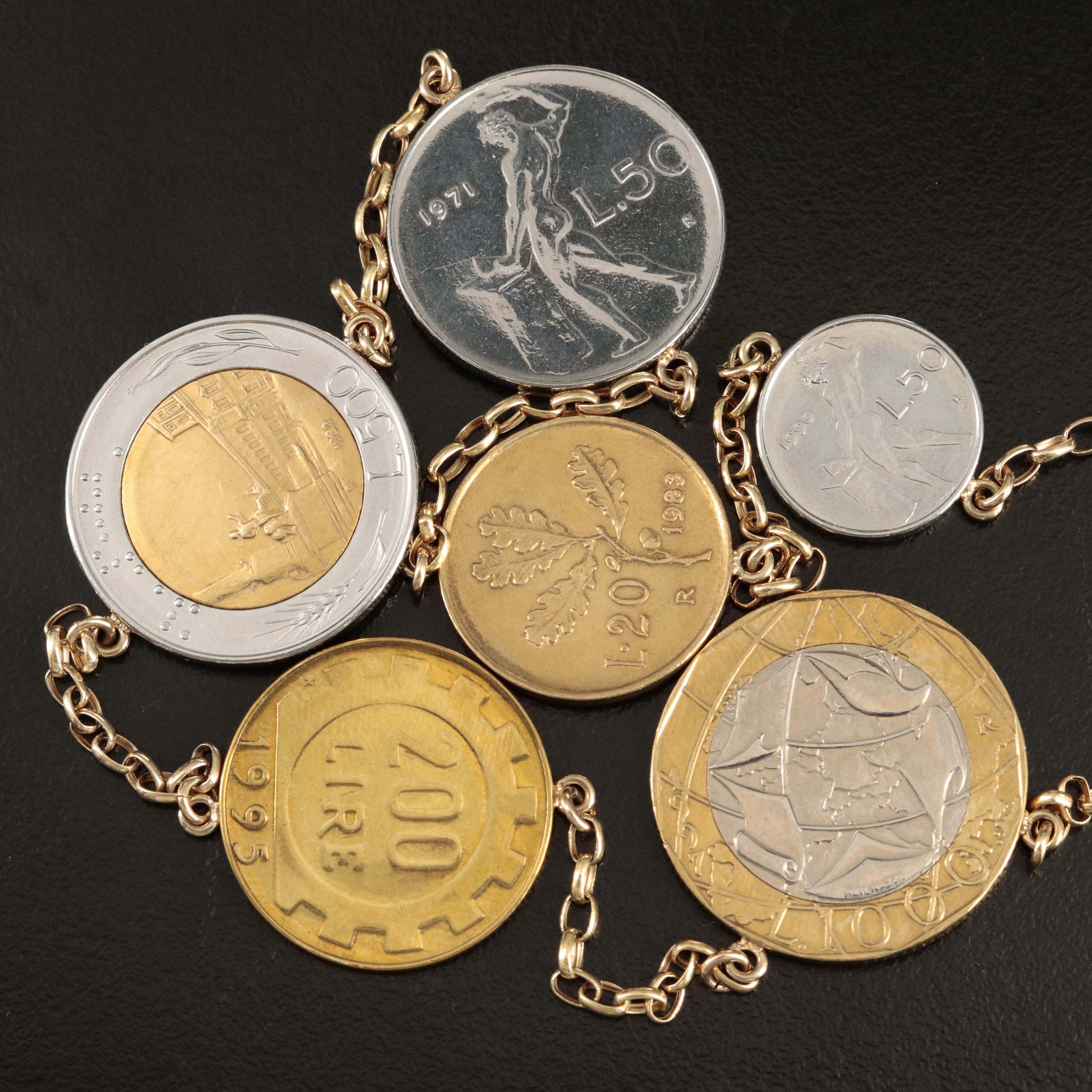 Italian 14K Necklace with Eleven Modern Italian Coins of Varying Denominations