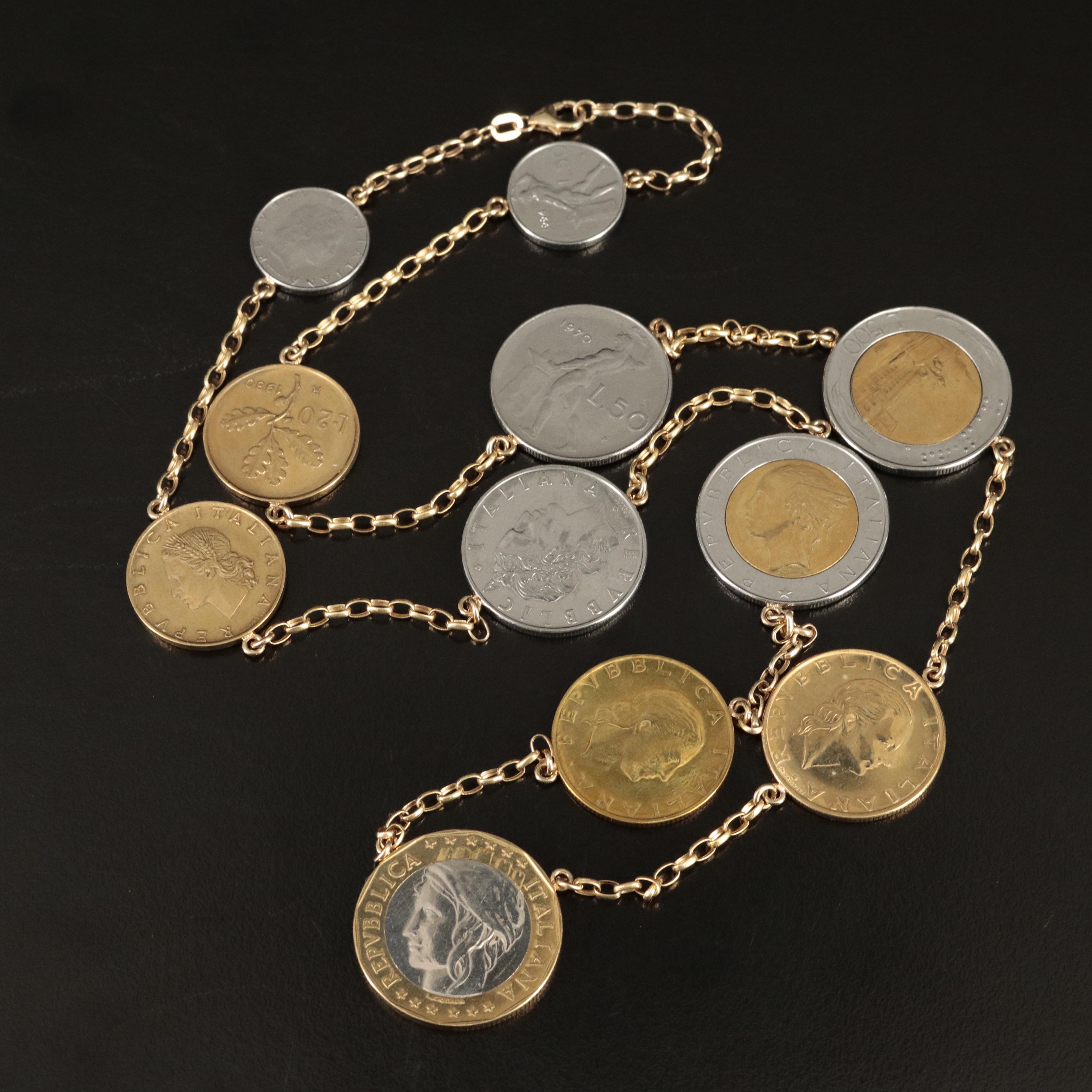 Italian 14K Necklace with Eleven Modern Italian Coins of Varying Denominations