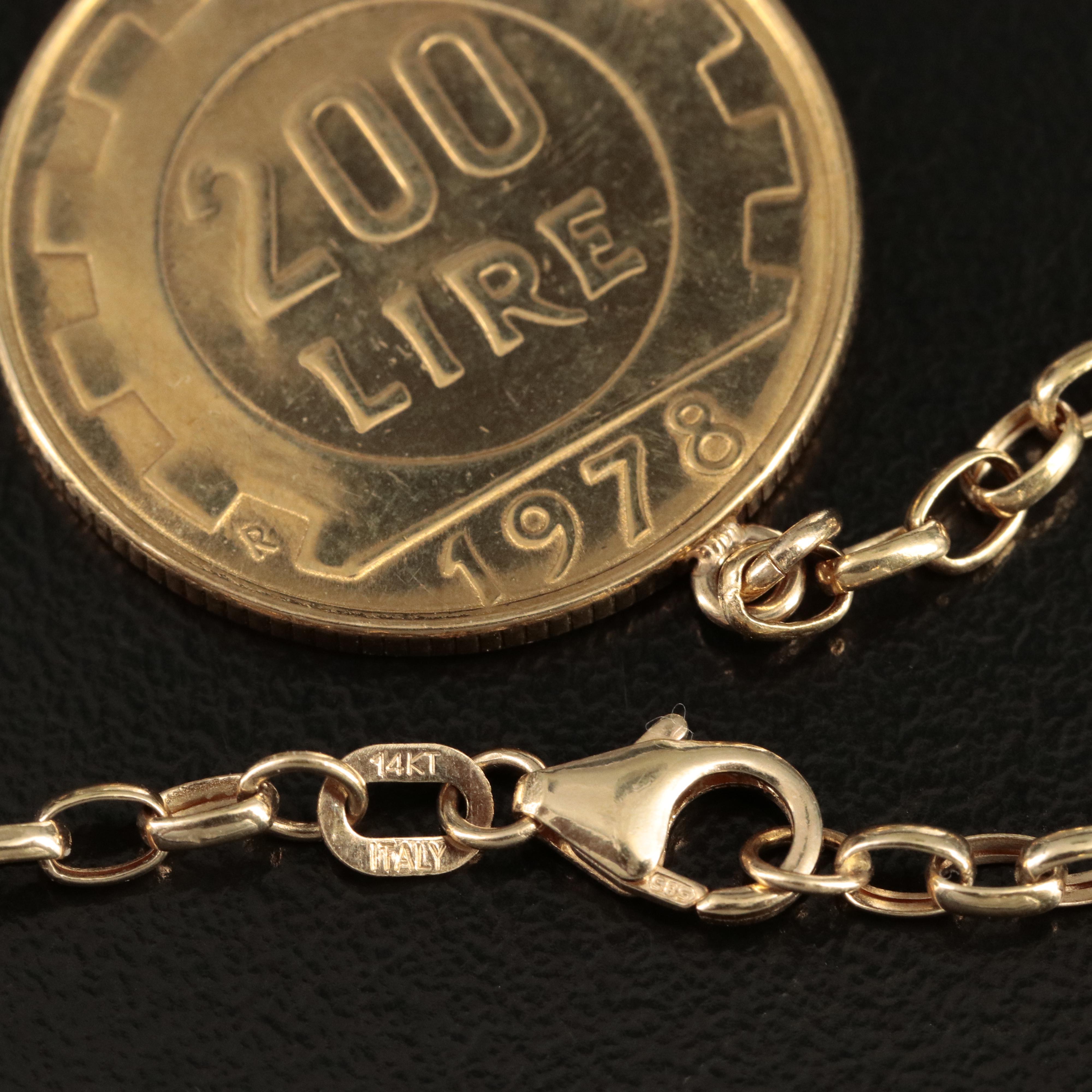 Italian 14K Necklace with Eleven Modern Italian Coins of Varying Denominations