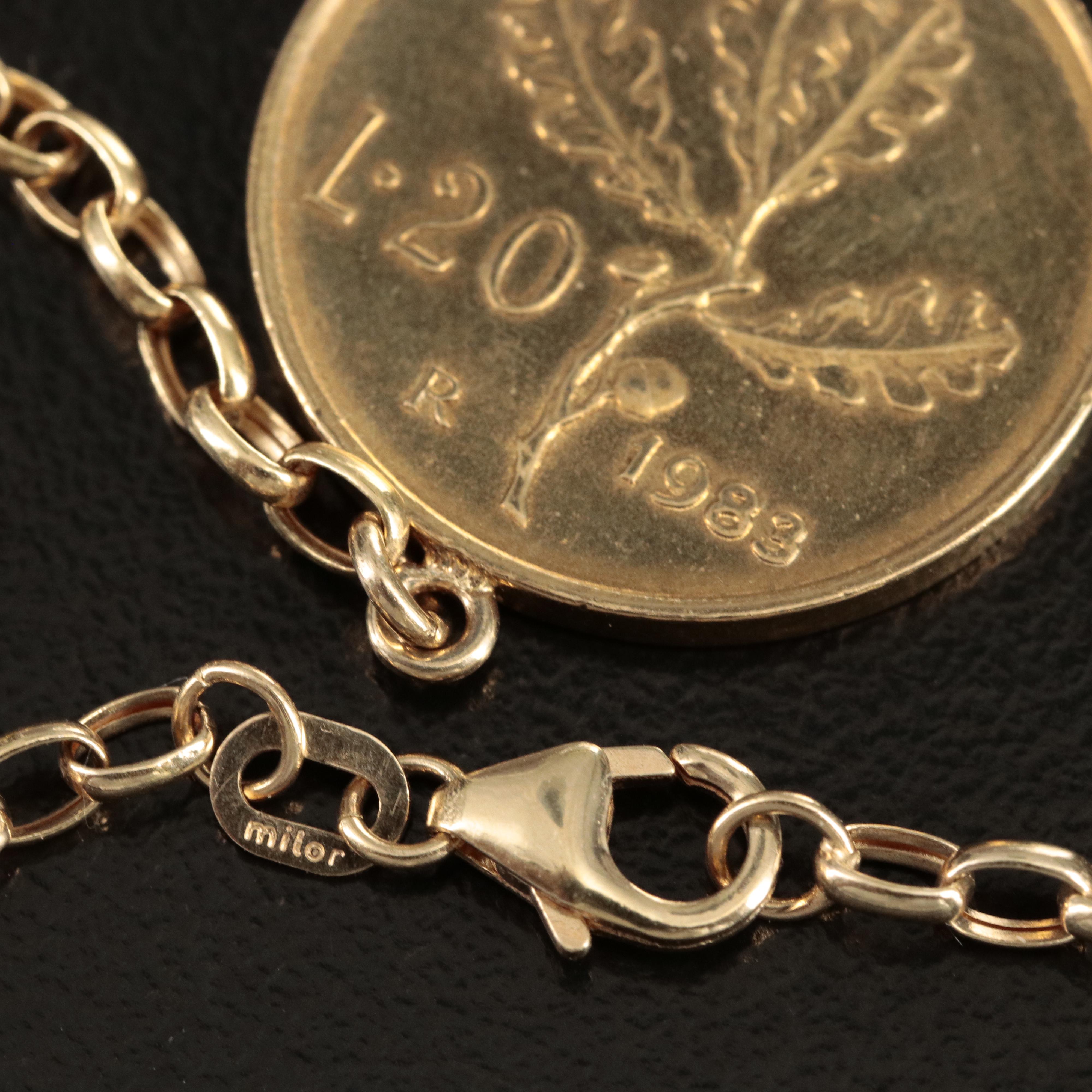 Italian 14K Necklace with Eleven Modern Italian Coins of Varying Denominations