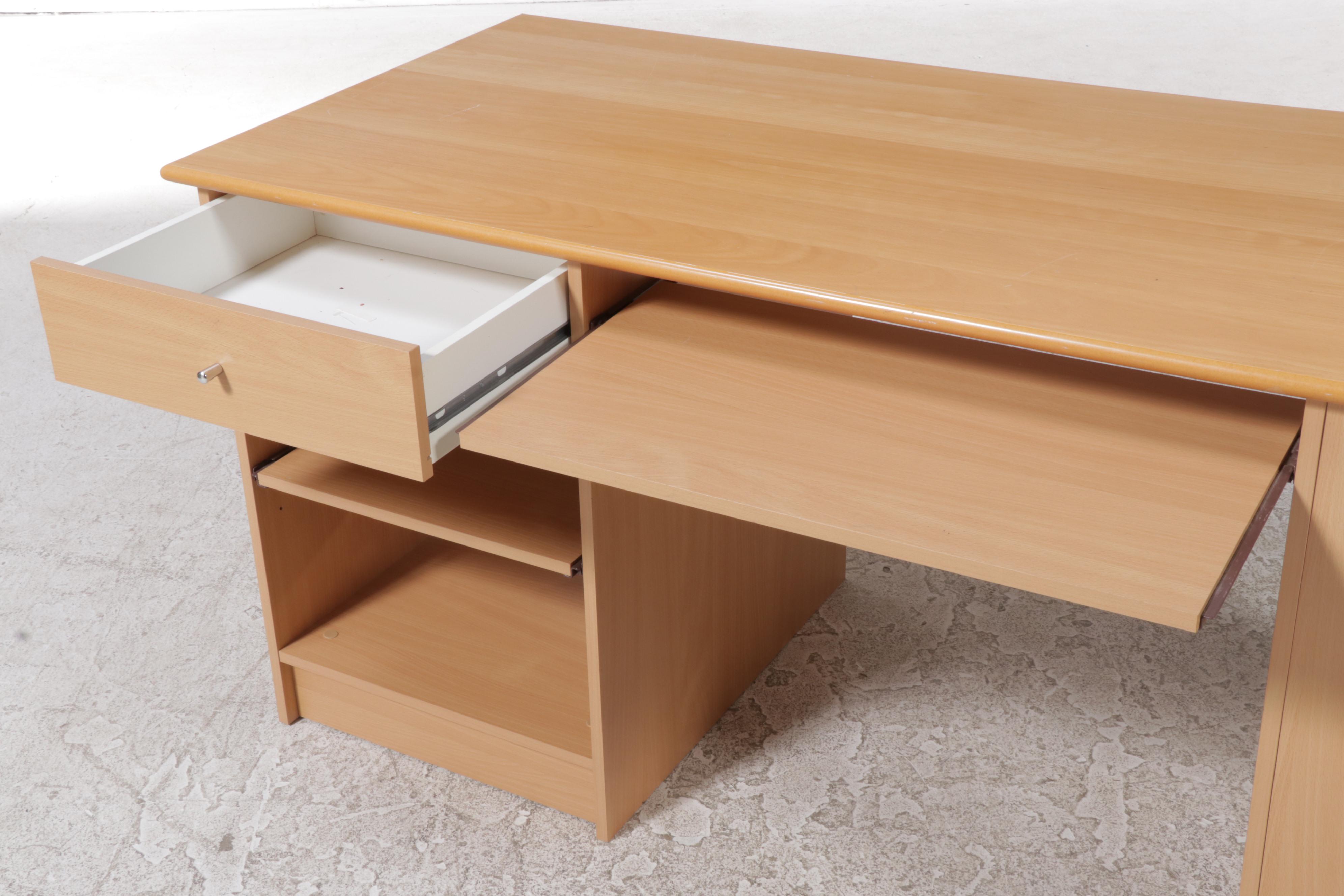Contemporary Beech-Grained Laminate Desk with Bookshelves