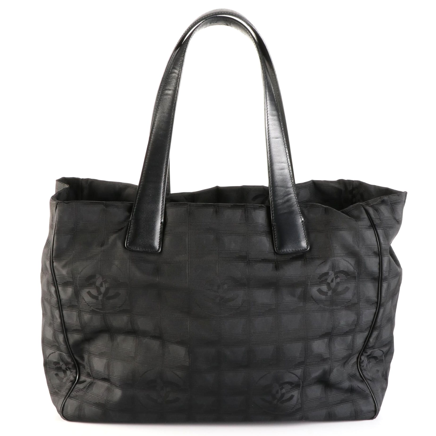 Chanel Travel Line Tote Bag in Black Nylon Jacquard and Leather