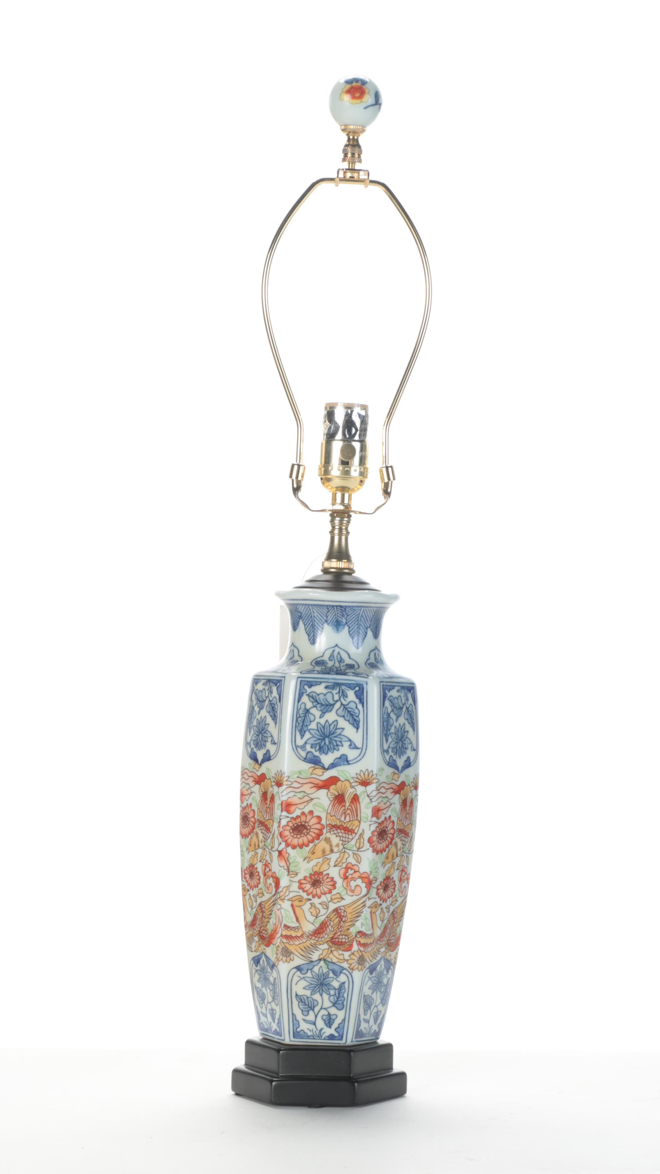 Chinese Phoenix Motif Porcelain Hexagonal Vase Table Lamp, Late 20th Century