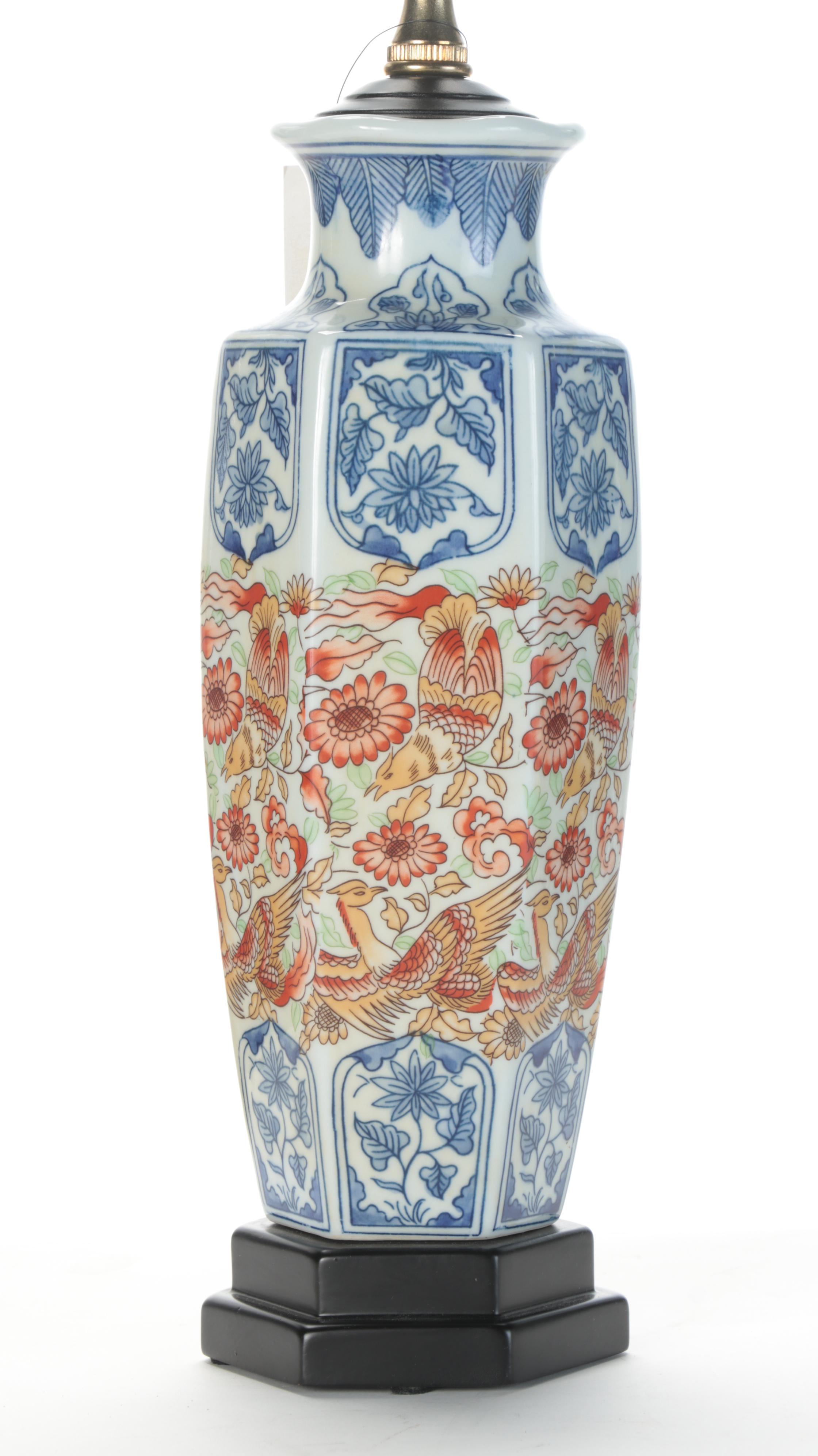 Chinese Phoenix Motif Porcelain Hexagonal Vase Table Lamp, Late 20th Century