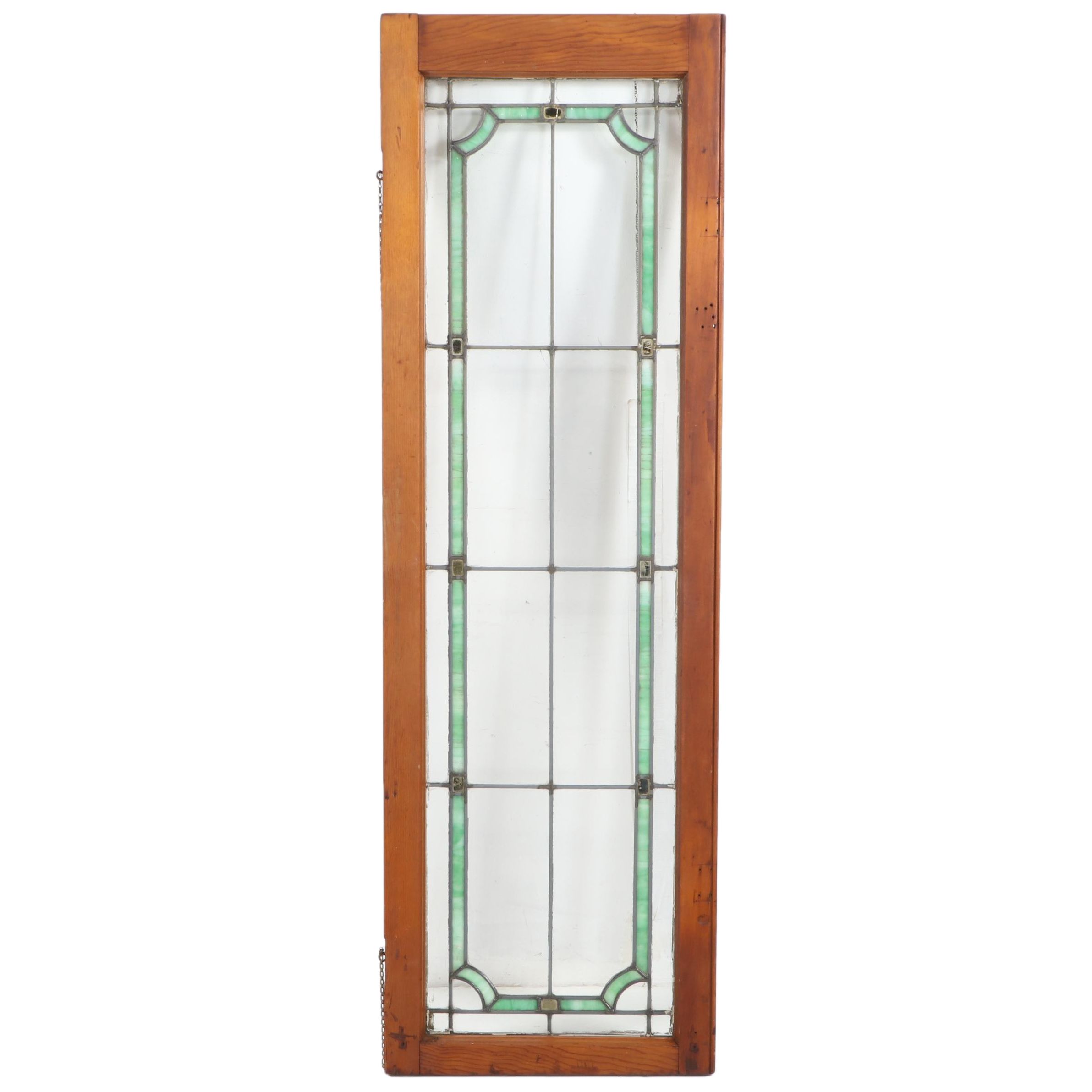 Arts and Crafts Style Clear and Slag Glass Window in Wooden Frame