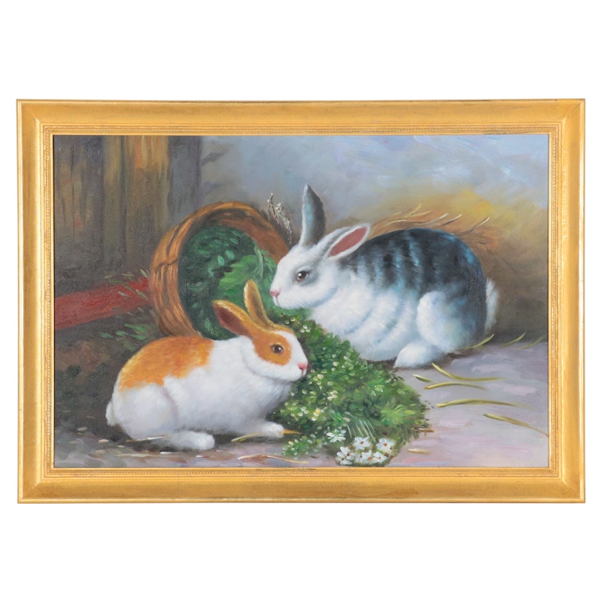 Oil Painting of Rabbits, Late 20th Century