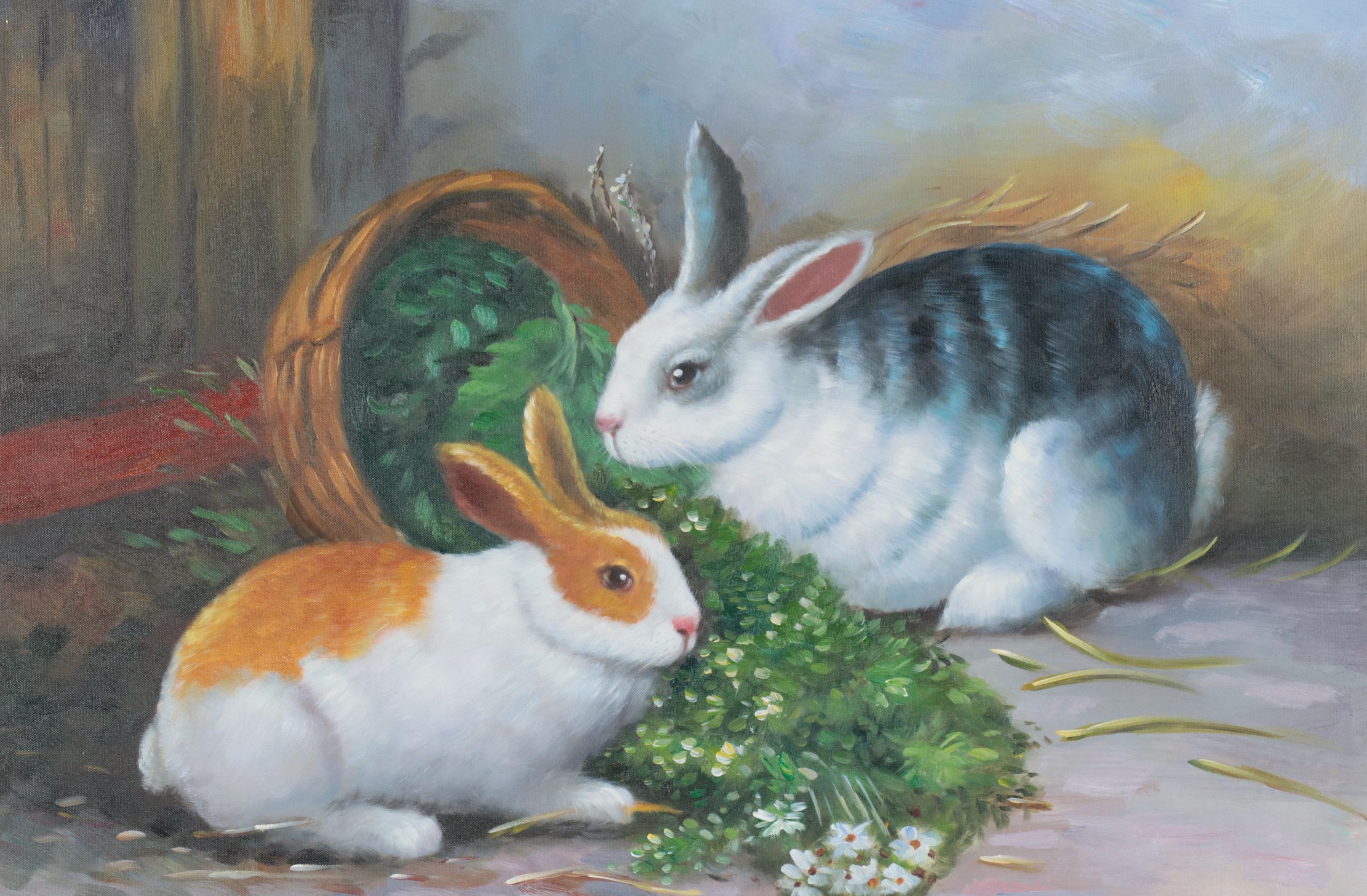 Oil Painting of Rabbits, Late 20th Century