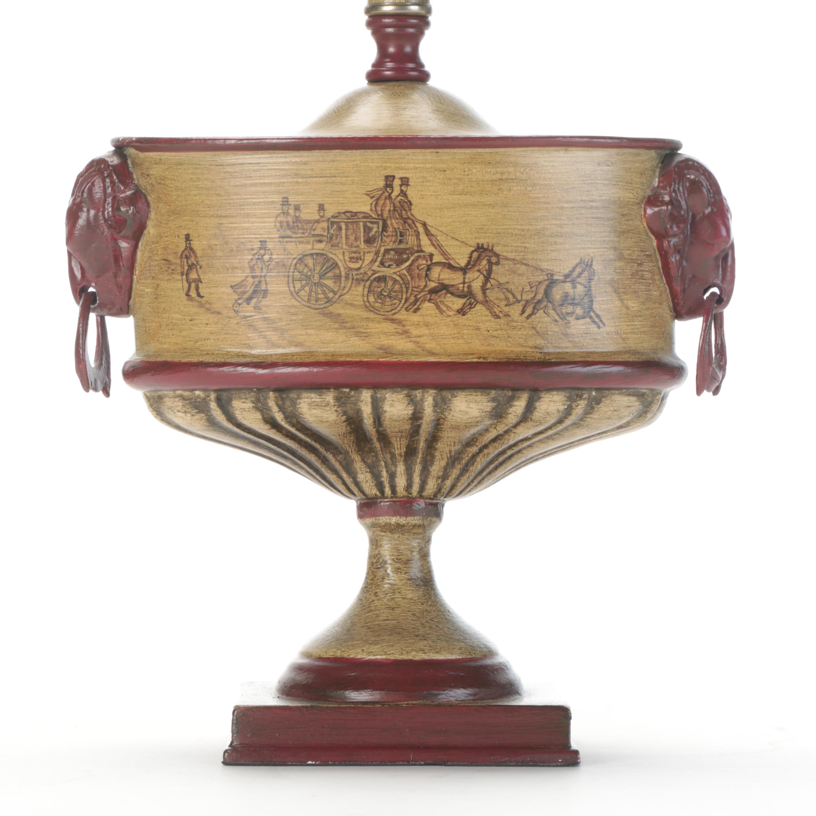 Jeanne Reed's Ltd. Patinated Metal Ram Head Handled Urn Table Lamp