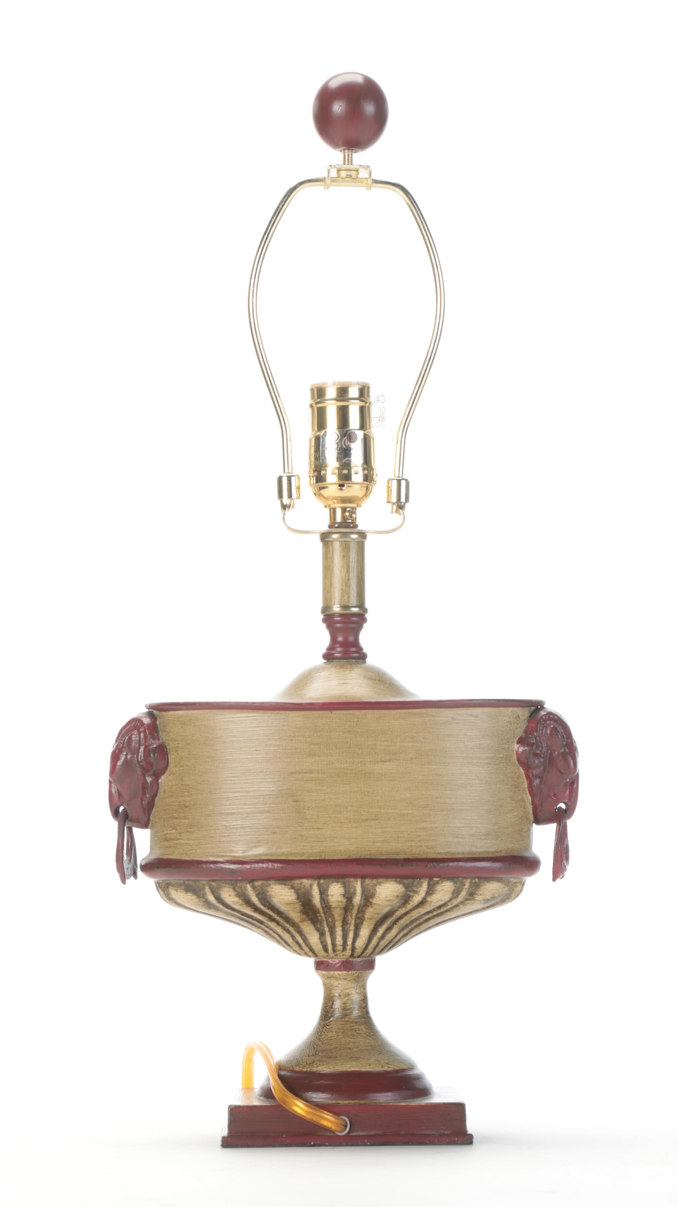 Jeanne Reed's Ltd. Patinated Metal Ram Head Handled Urn Table Lamp