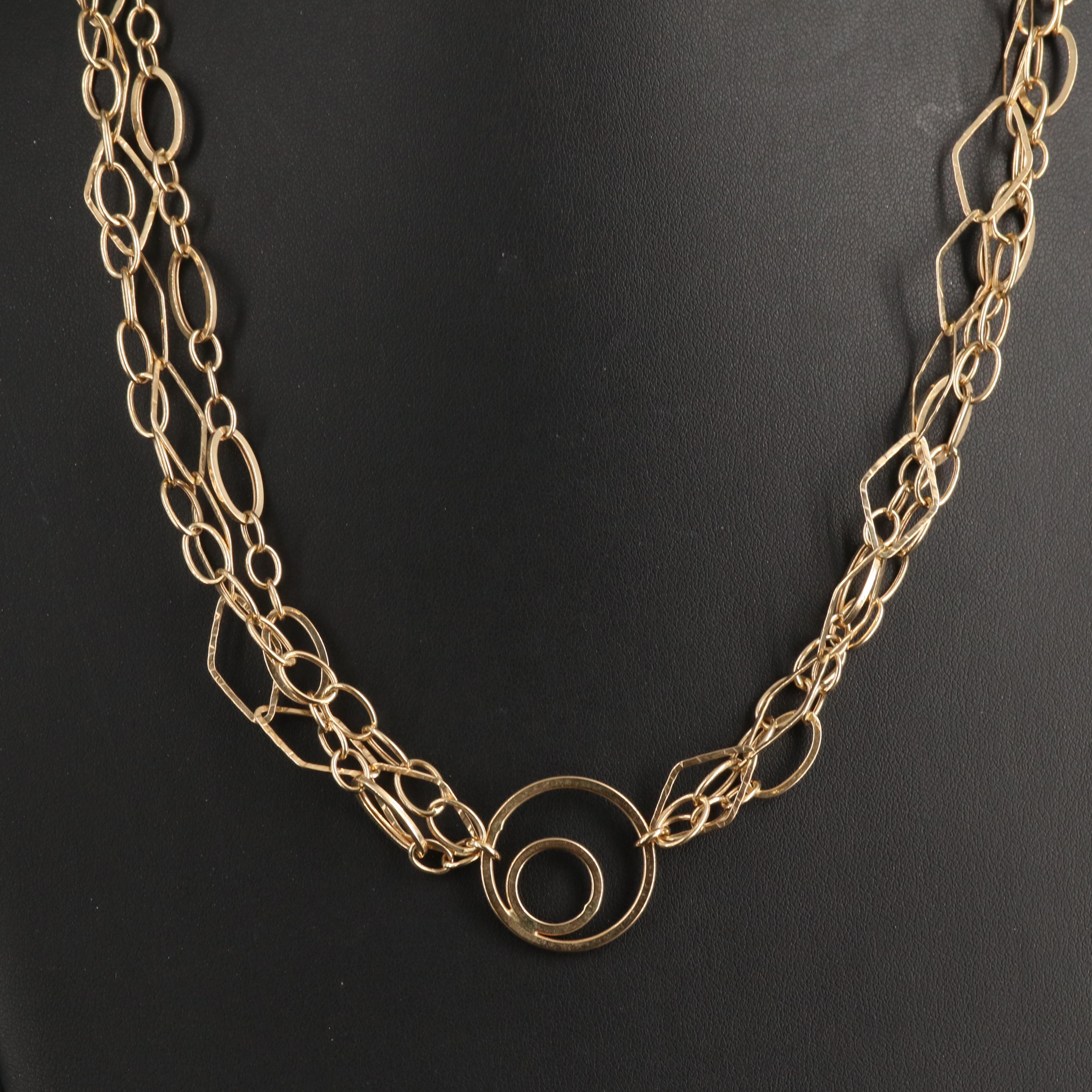 14K Triple Chain Necklace with Concentric Stations