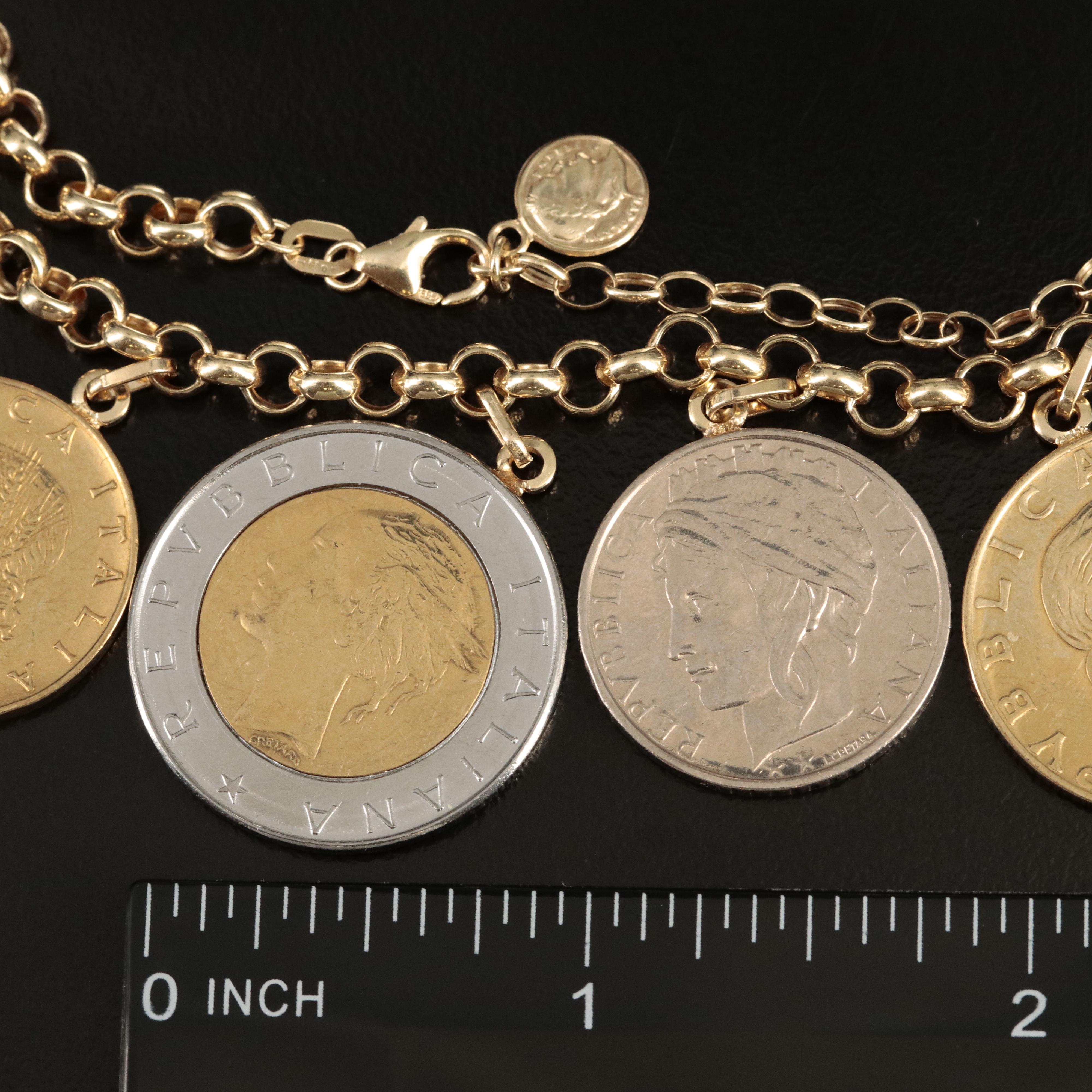 Italian 14K Necklace with Modern Italian Coins of Varying Denominations