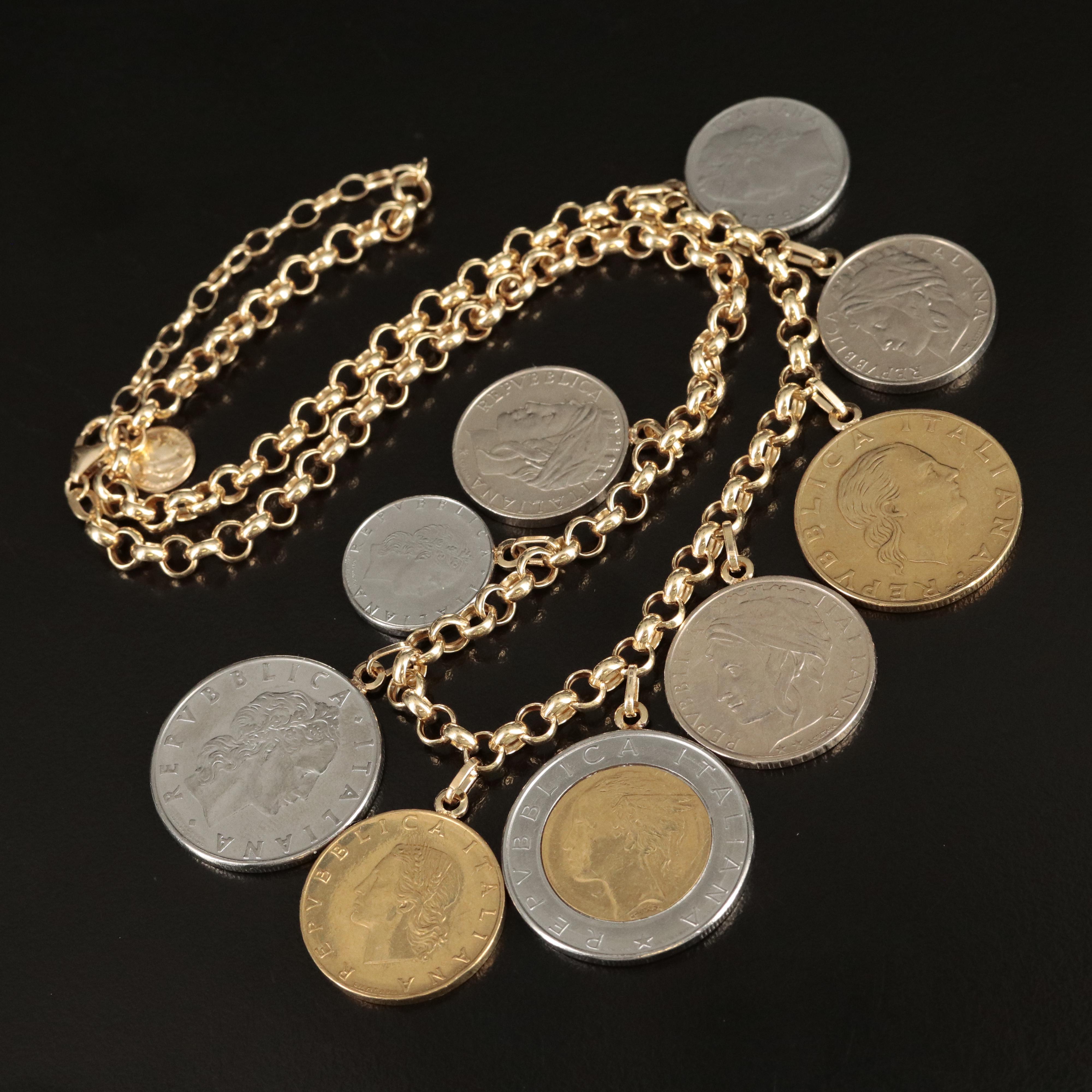 Italian 14K Necklace with Modern Italian Coins of Varying Denominations