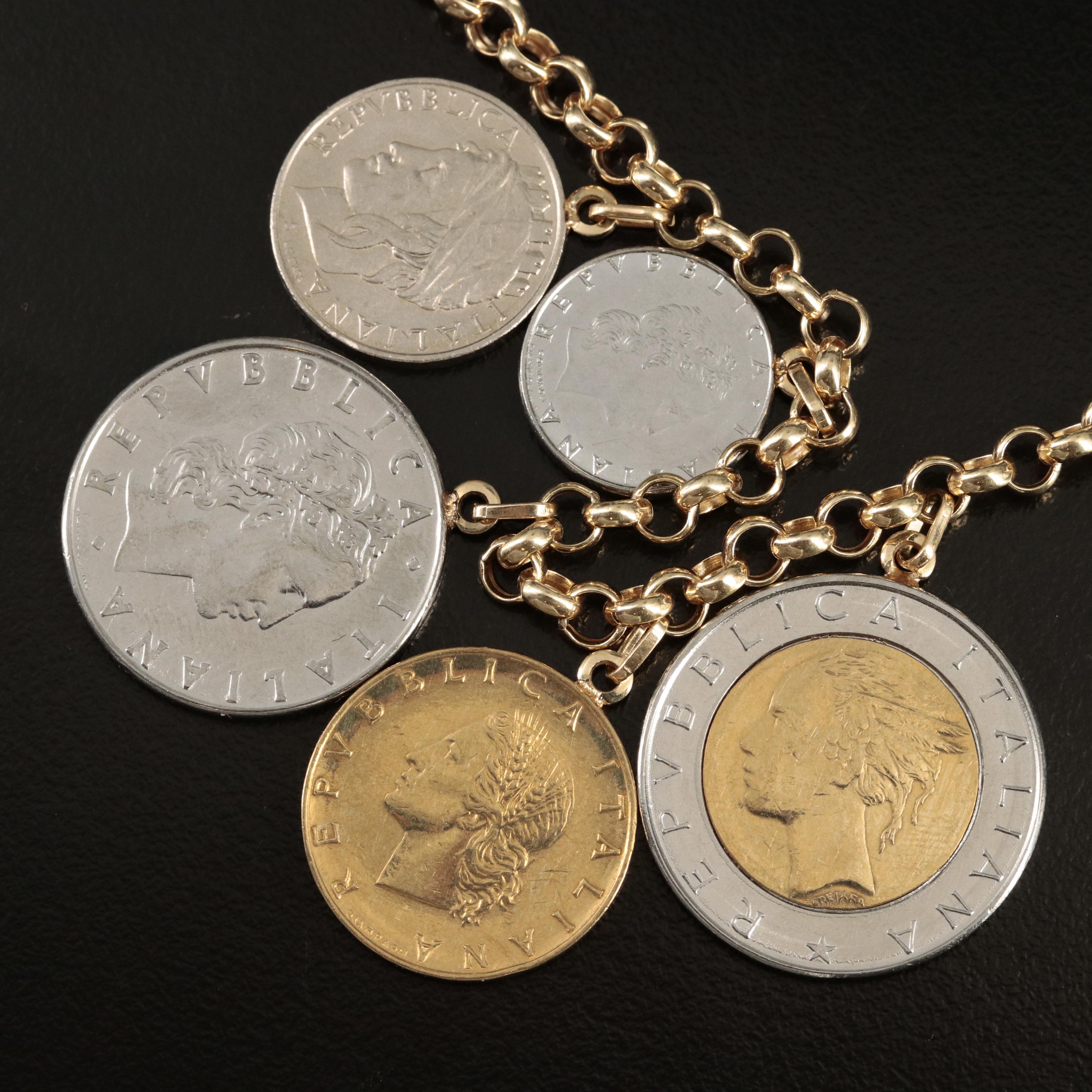 Italian 14K Necklace with Modern Italian Coins of Varying Denominations