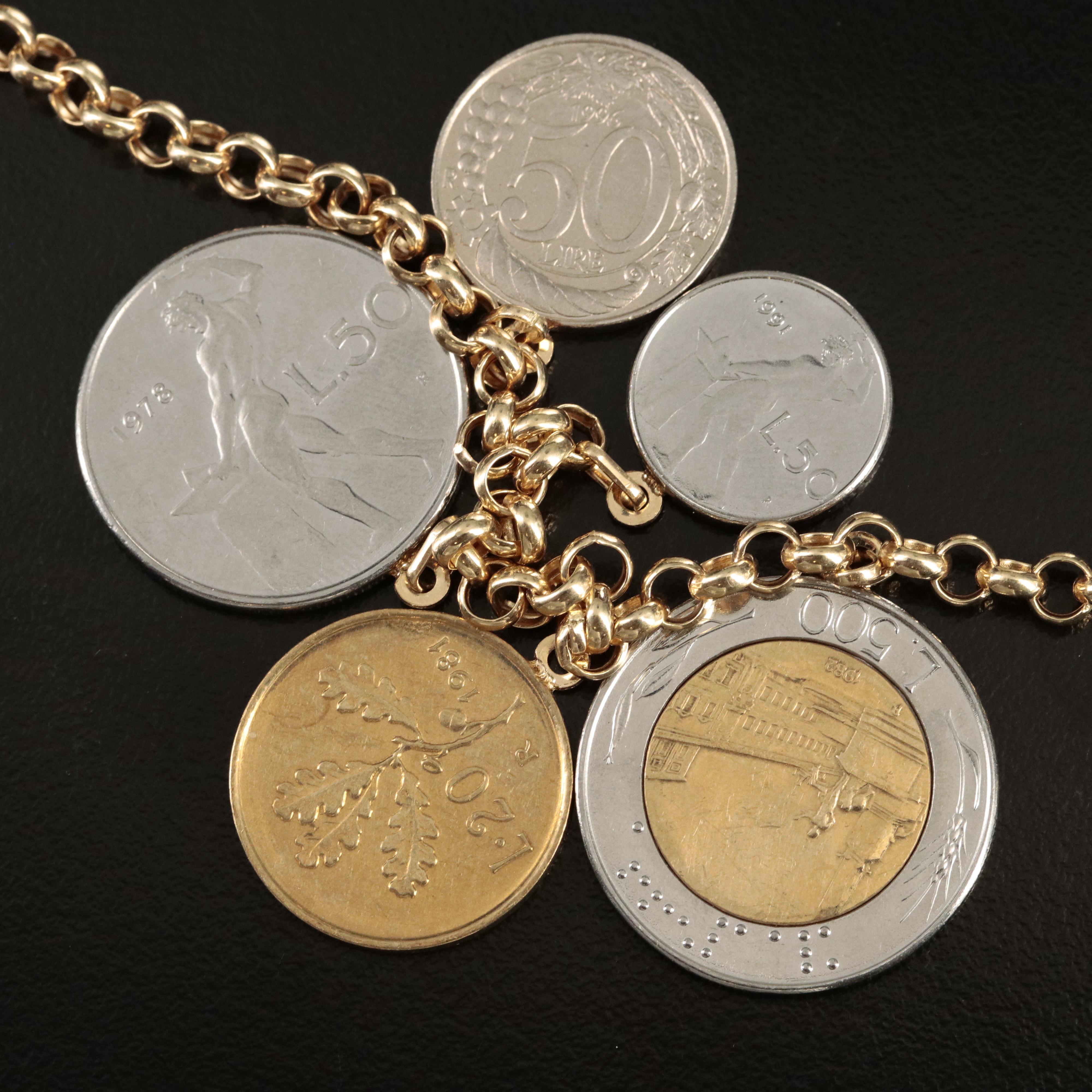 Italian 14K Necklace with Modern Italian Coins of Varying Denominations