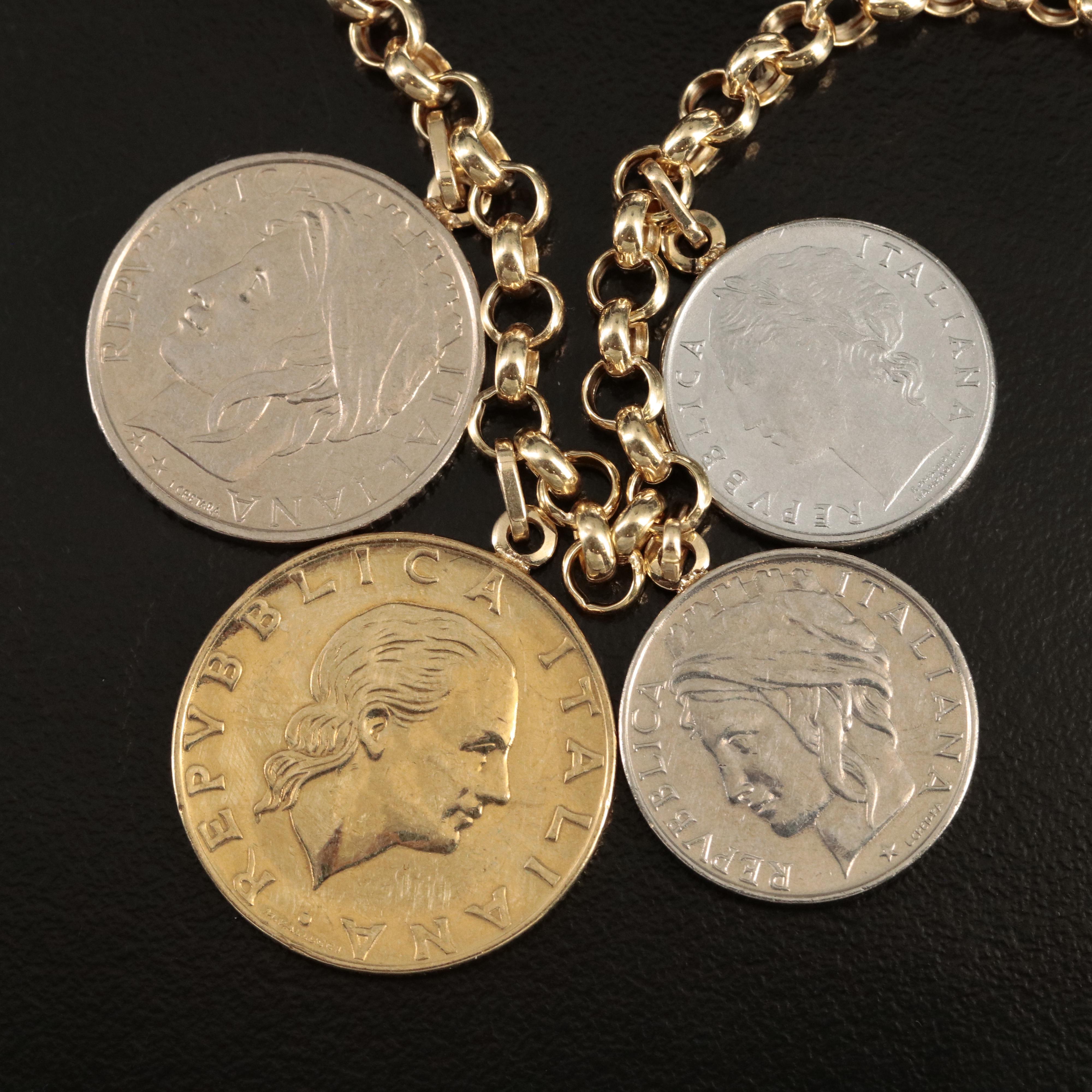 Italian 14K Necklace with Modern Italian Coins of Varying Denominations