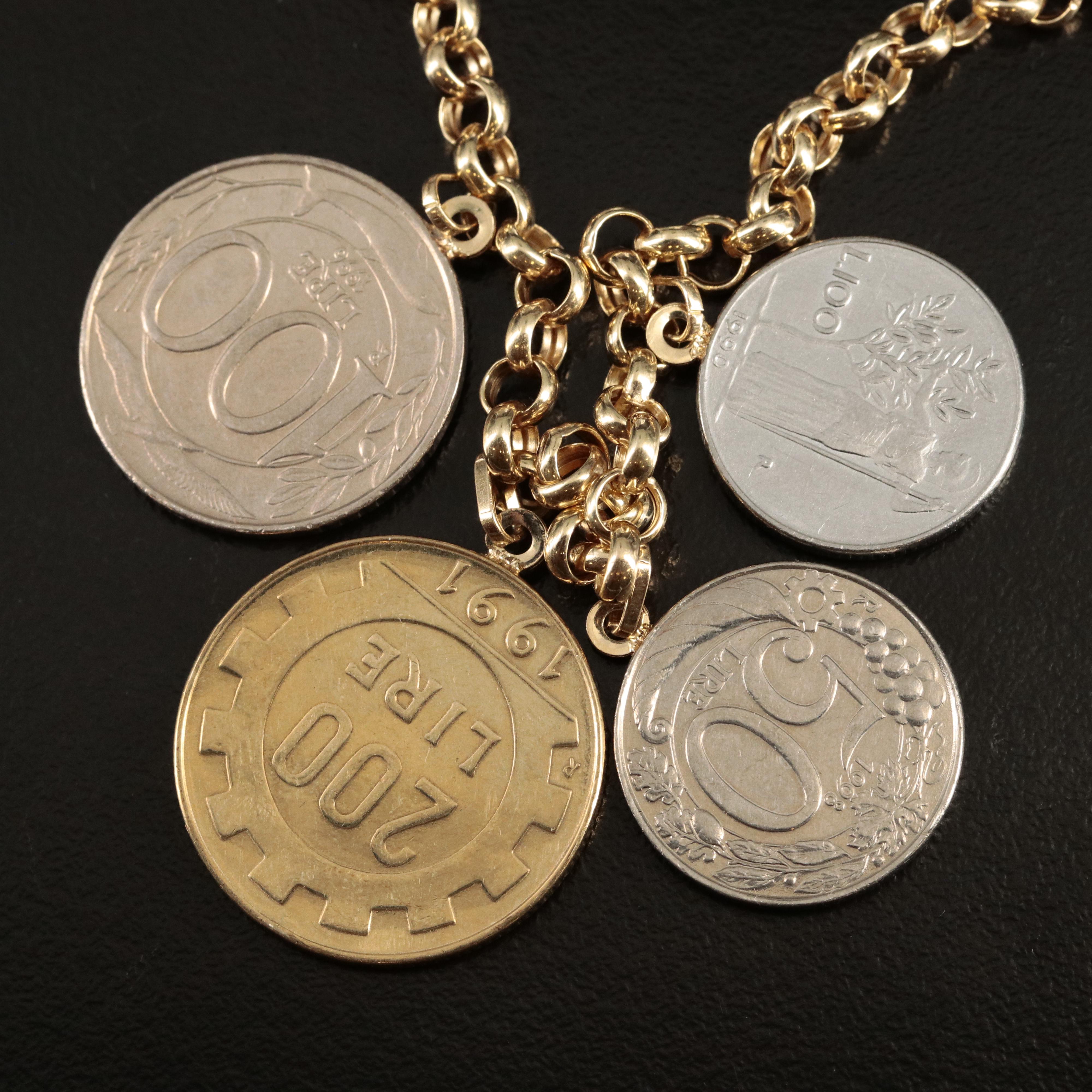 Italian 14K Necklace with Modern Italian Coins of Varying Denominations