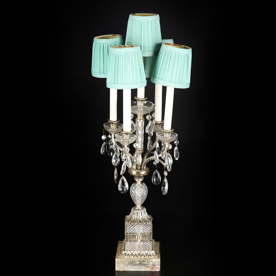 Metal and Glass Candelabra Table Lamp with Crystal Prisms