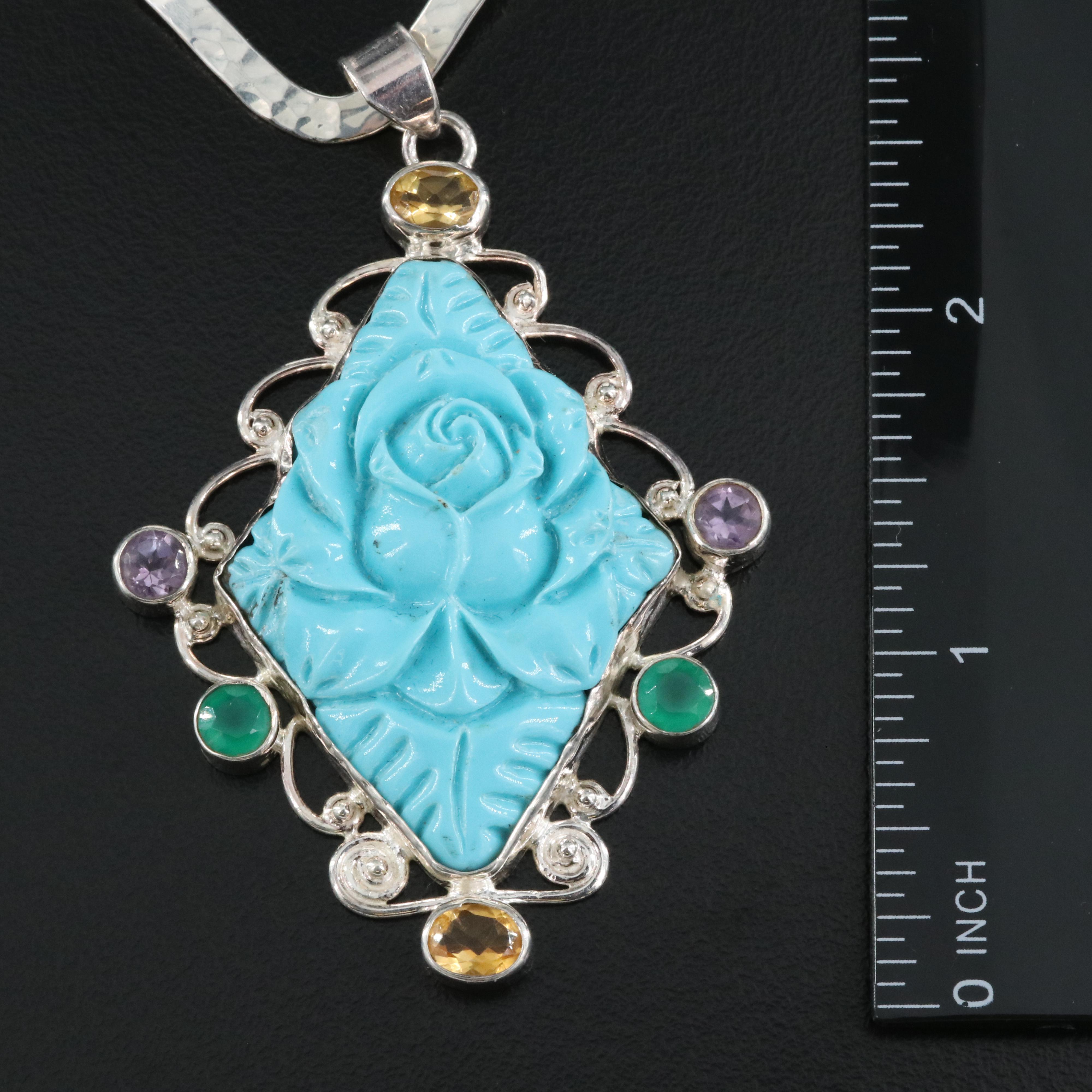 Sterling Faux Turquoise and Gemstone Rose Pendant Necklace