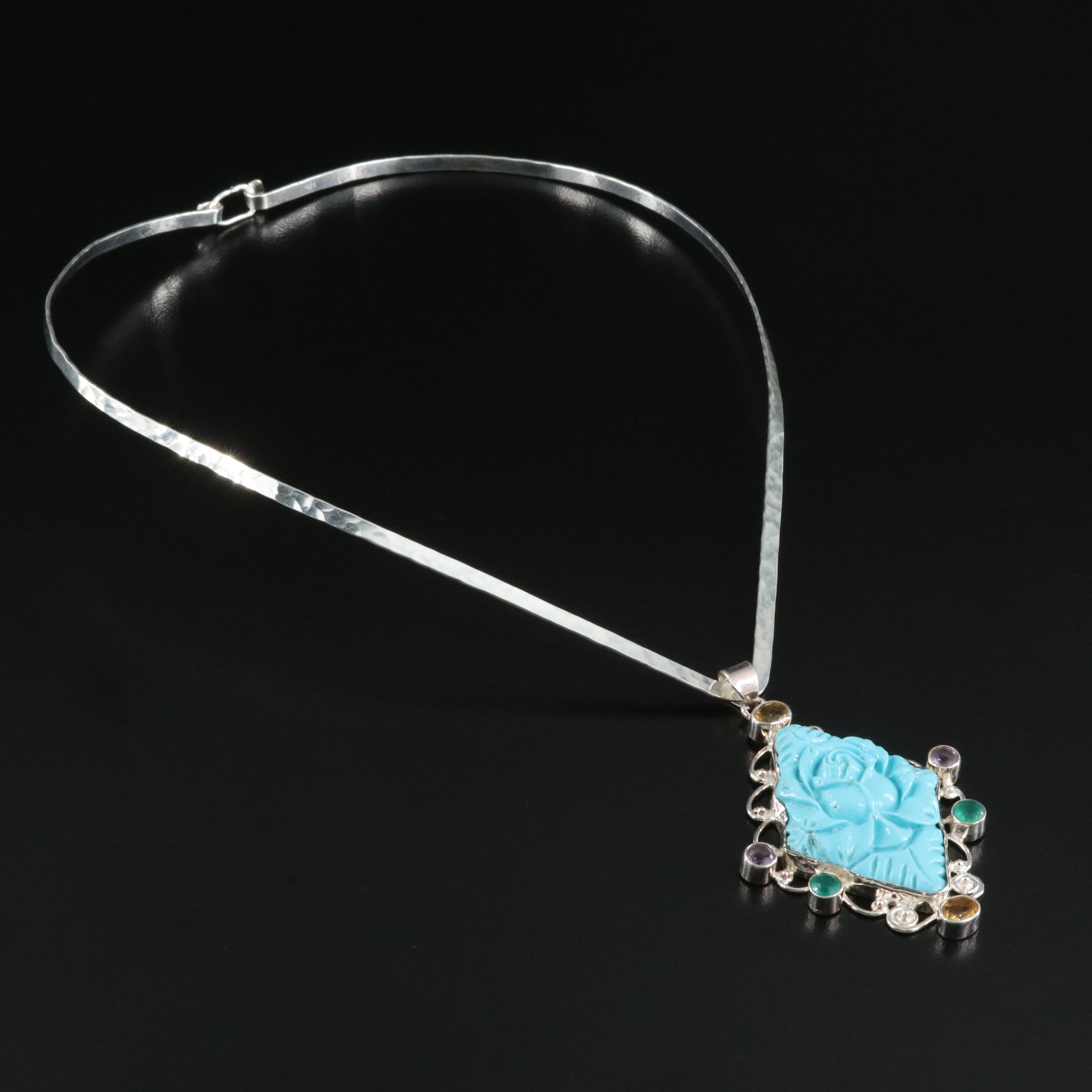 Sterling Faux Turquoise and Gemstone Rose Pendant Necklace