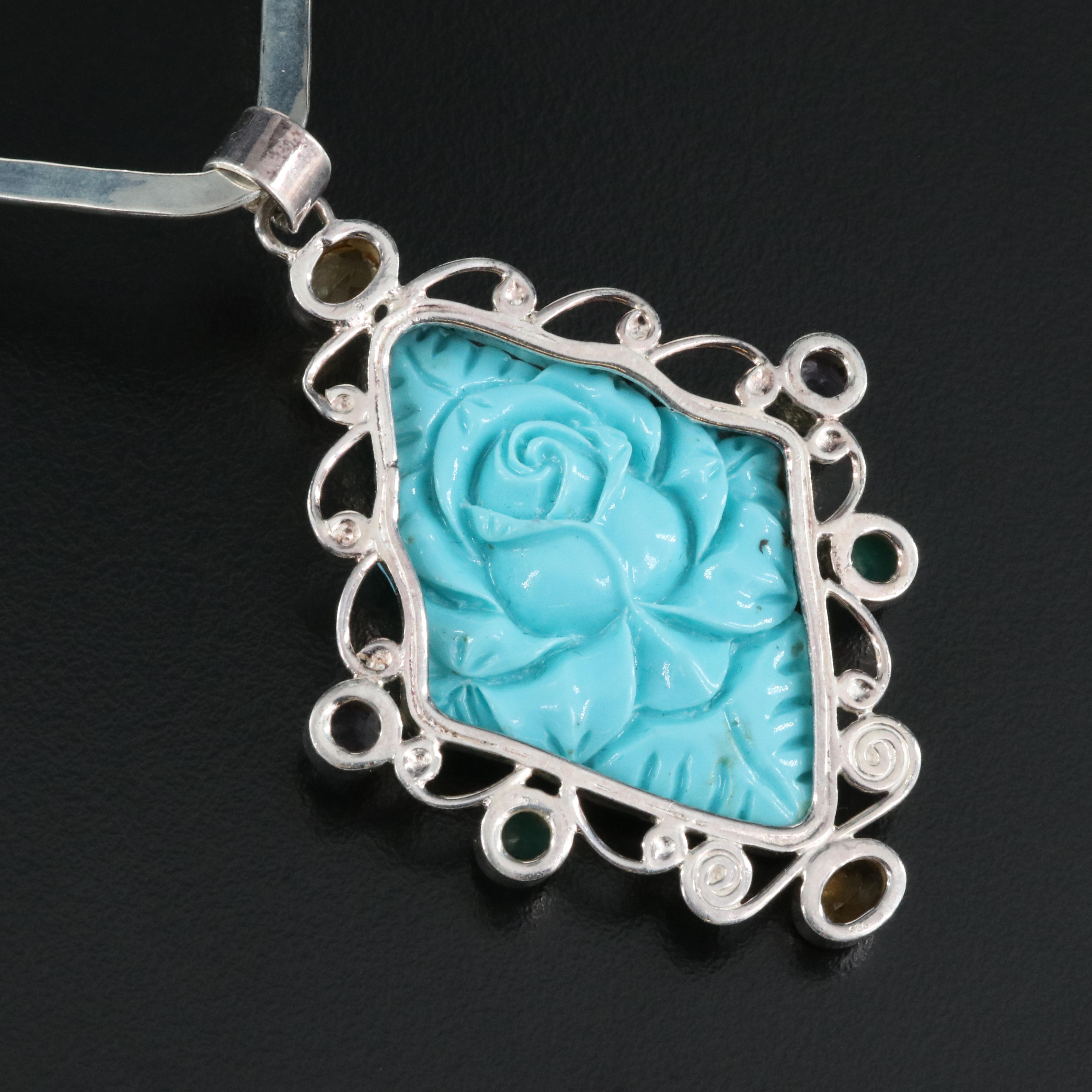 Sterling Faux Turquoise and Gemstone Rose Pendant Necklace