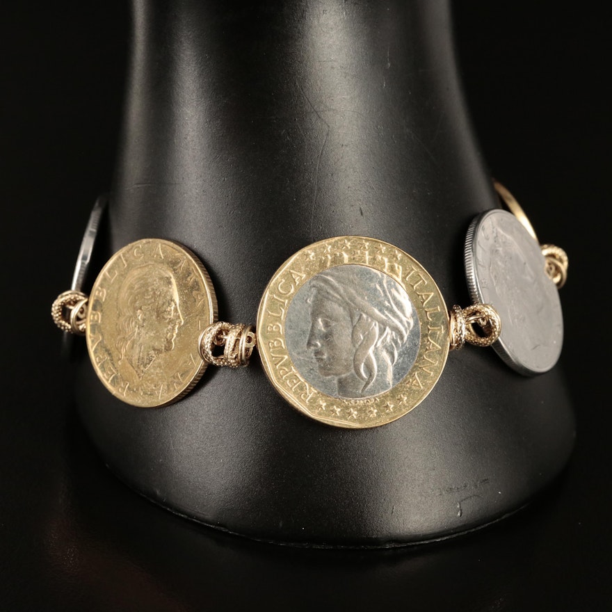 Italian 14K Bracelet with Modern Italian Coins of Varying Denominations