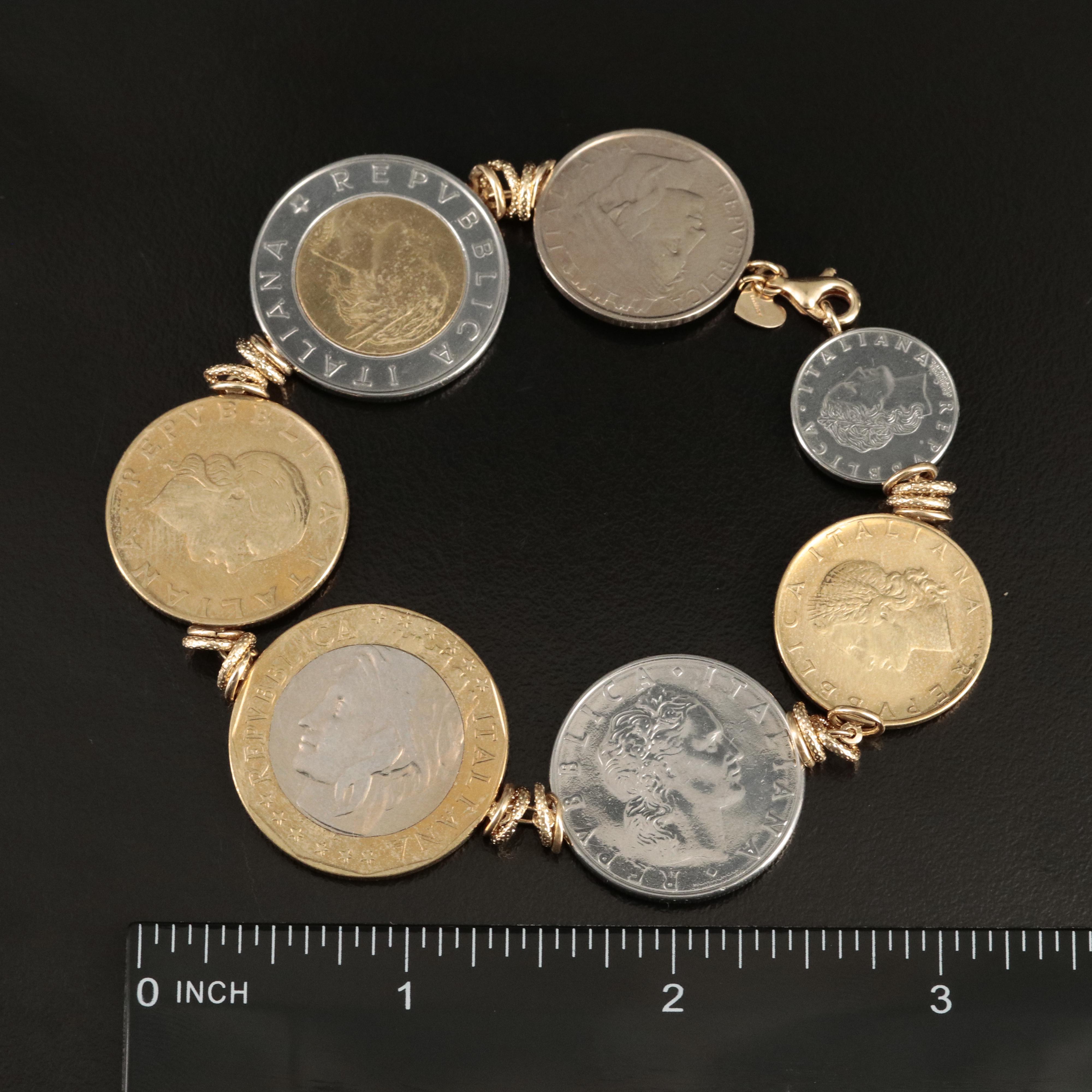 Italian 14K Bracelet with Modern Italian Coins of Varying Denominations