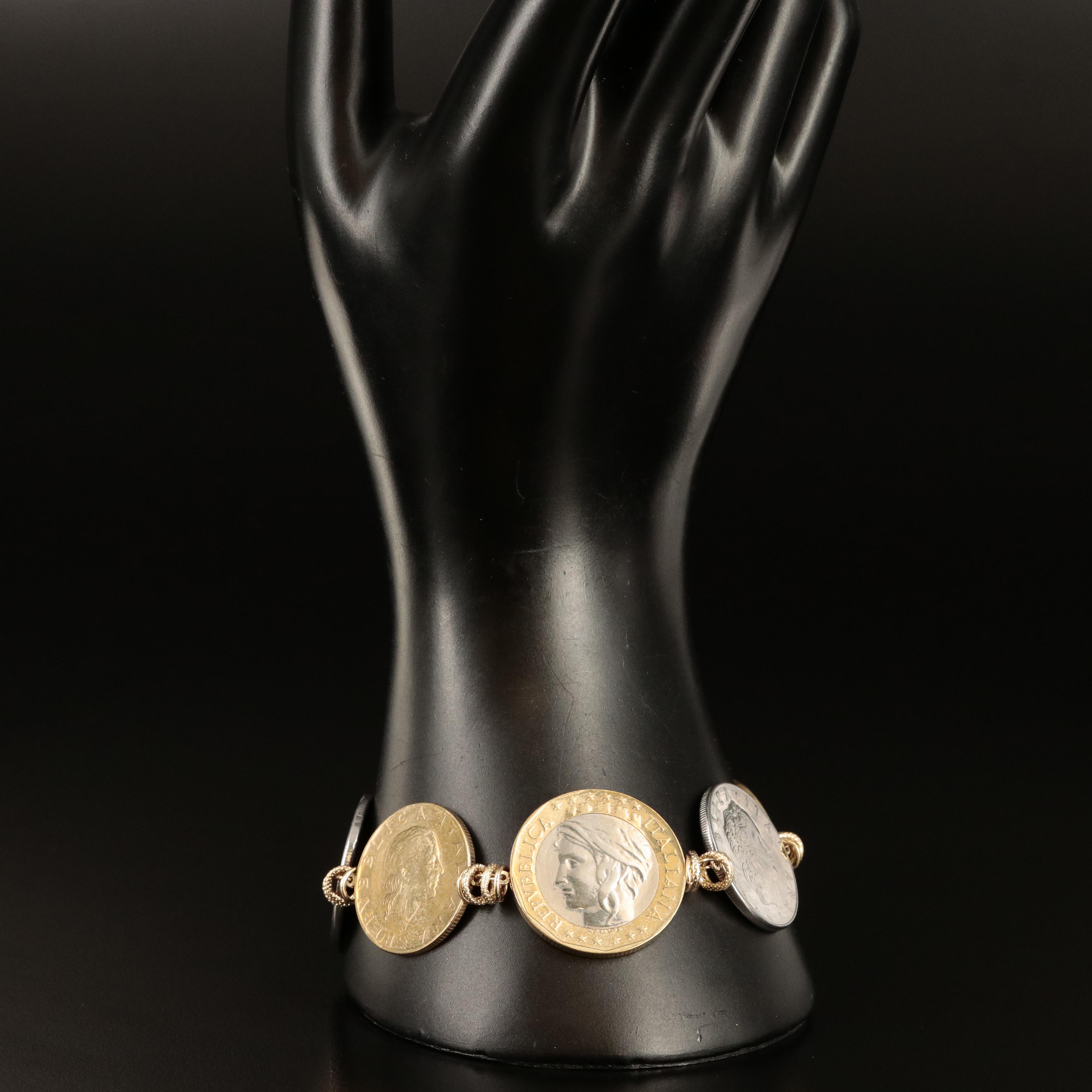 Italian 14K Bracelet with Modern Italian Coins of Varying Denominations