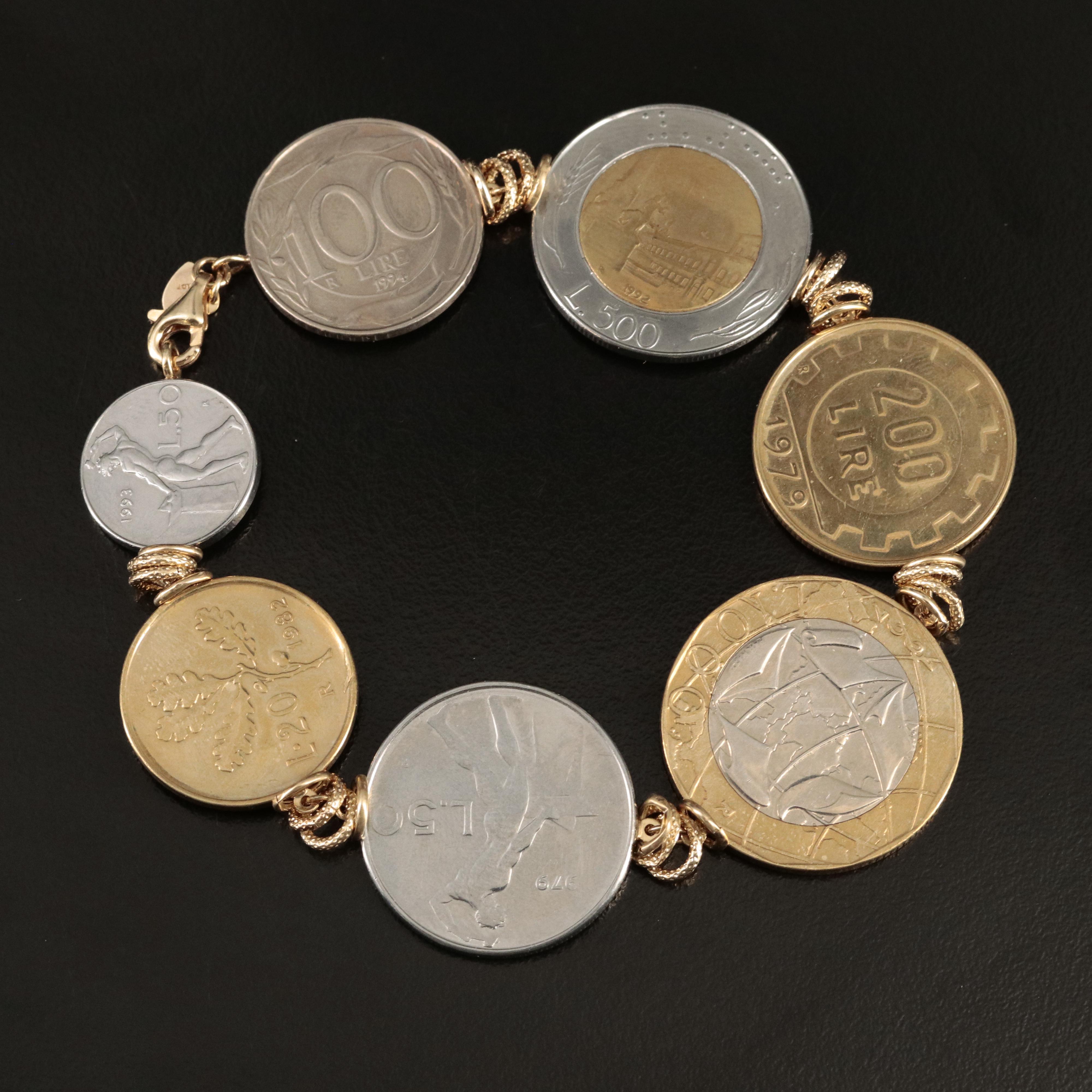 Italian 14K Bracelet with Modern Italian Coins of Varying Denominations