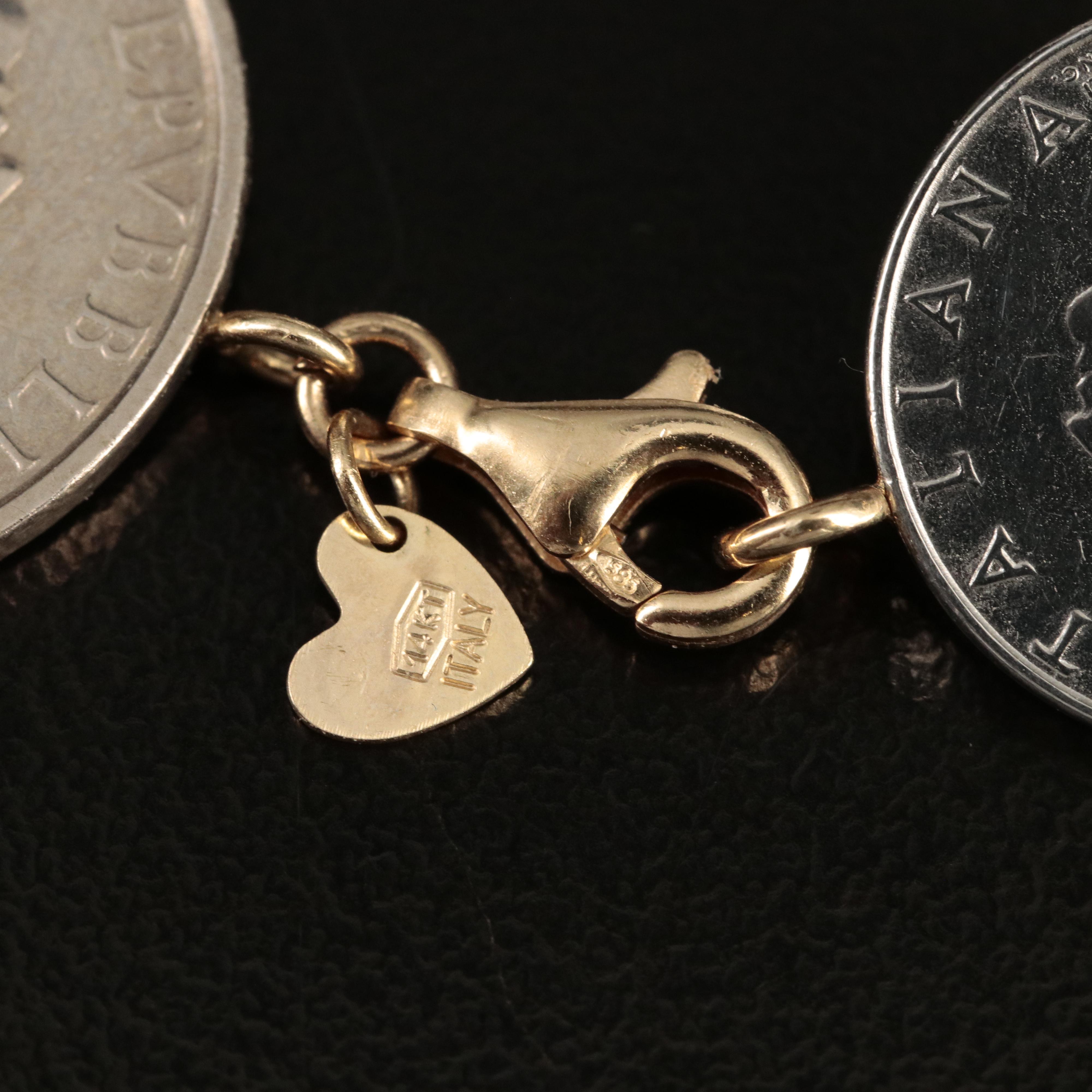 Italian 14K Bracelet with Modern Italian Coins of Varying Denominations