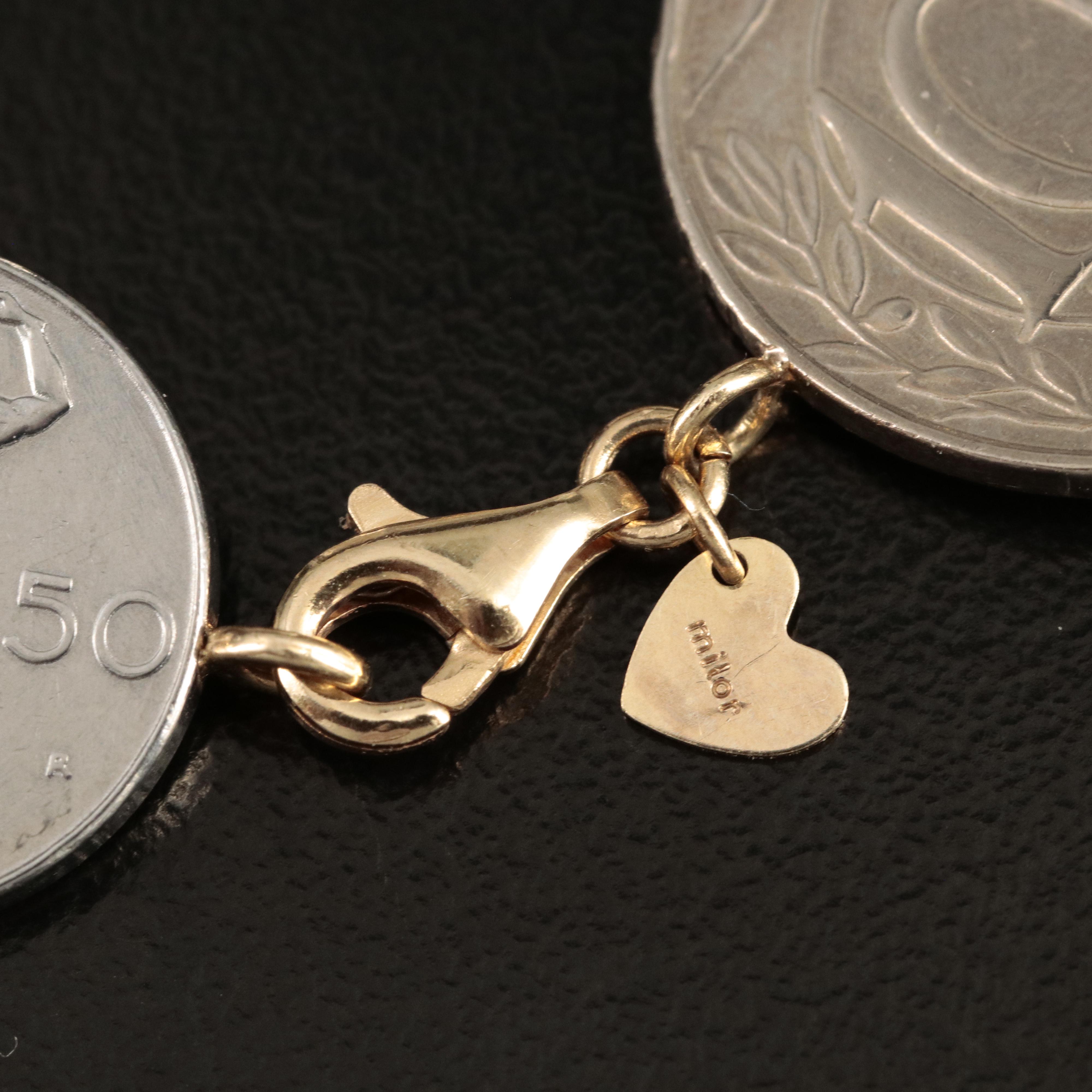 Italian 14K Bracelet with Modern Italian Coins of Varying Denominations