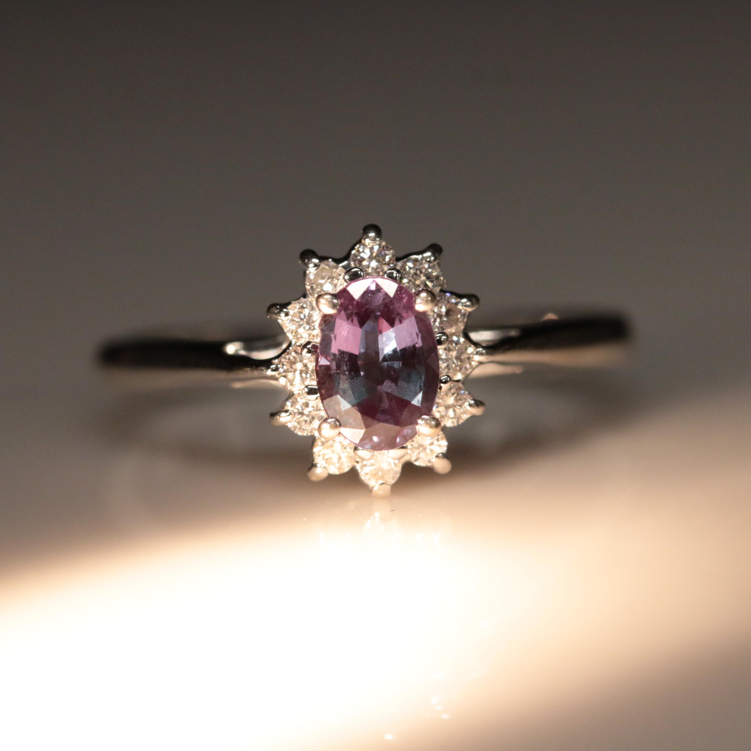 18K Color Change Alexandrite and Diamond Ring