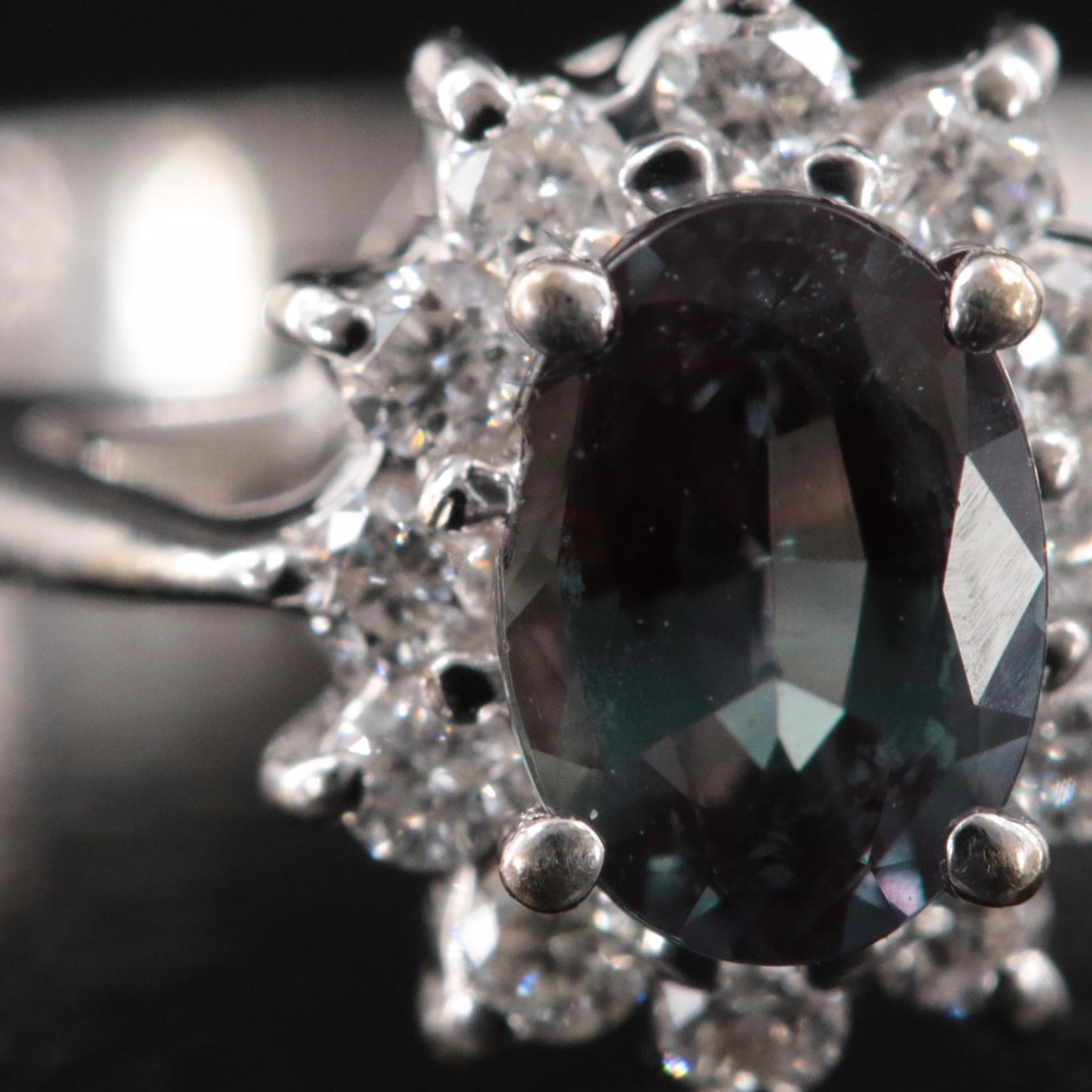 18K Color Change Alexandrite and Diamond Ring