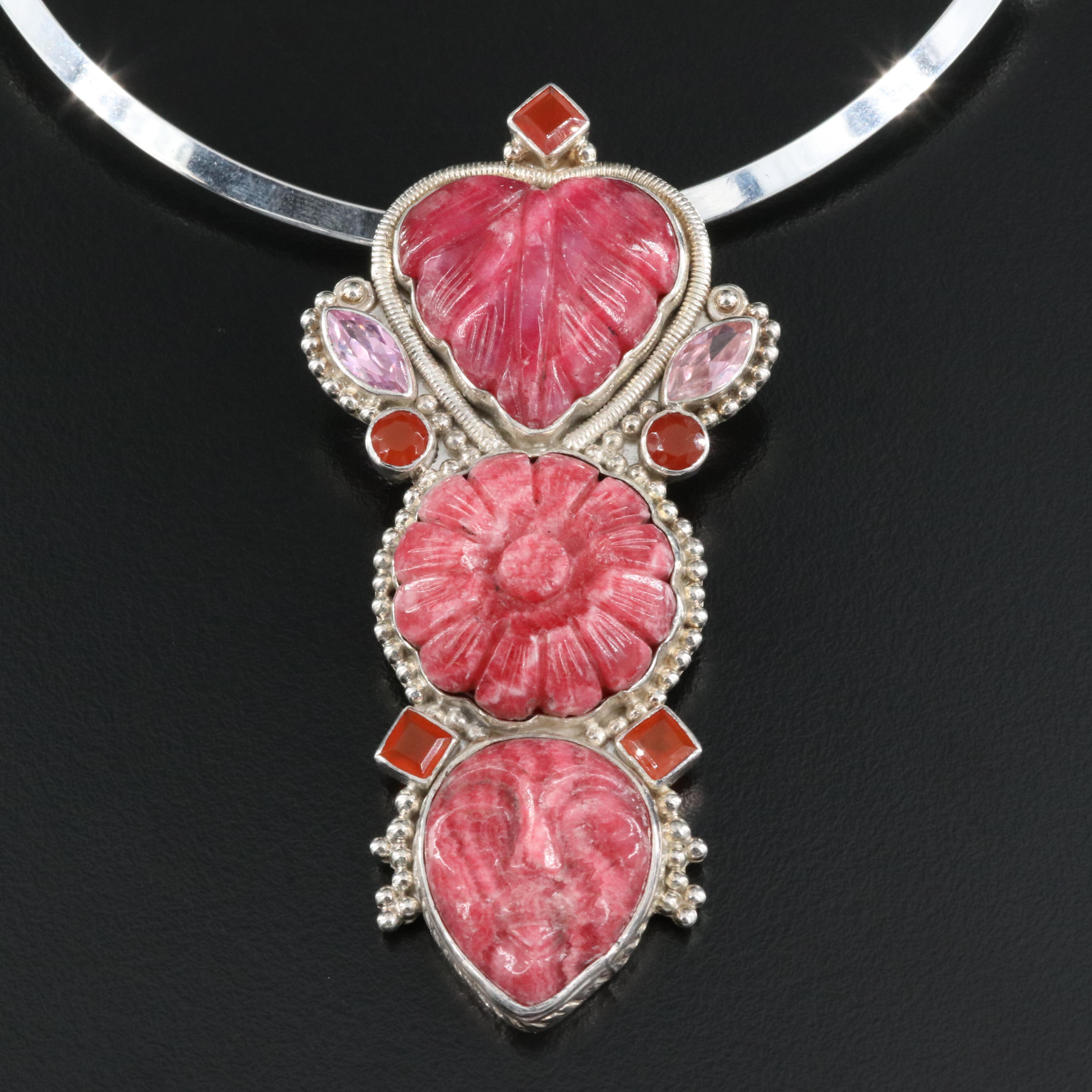 Sterling Calcite, Carnelian and Cubic Zirconia Pendant Necklace