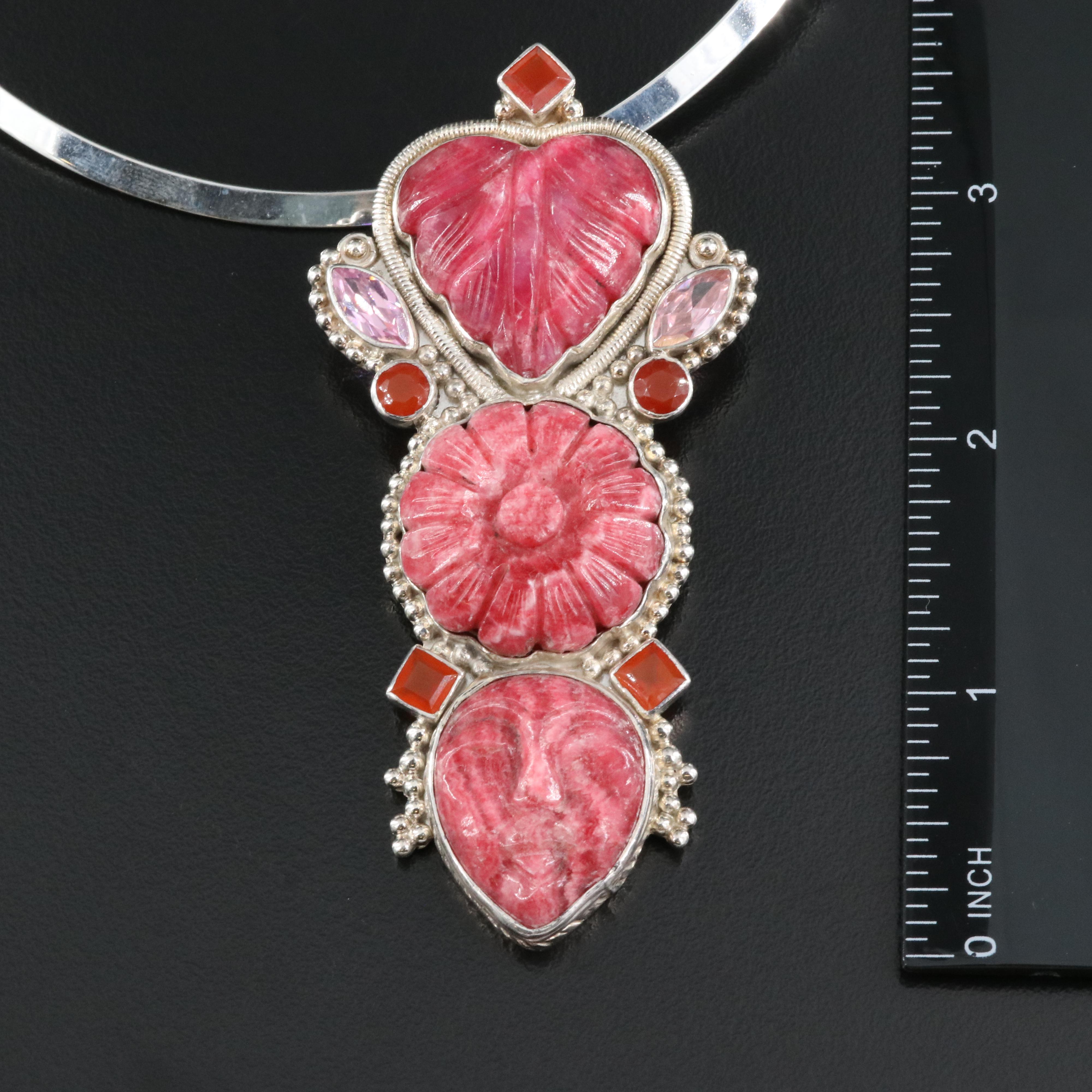 Sterling Calcite, Carnelian and Cubic Zirconia Pendant Necklace