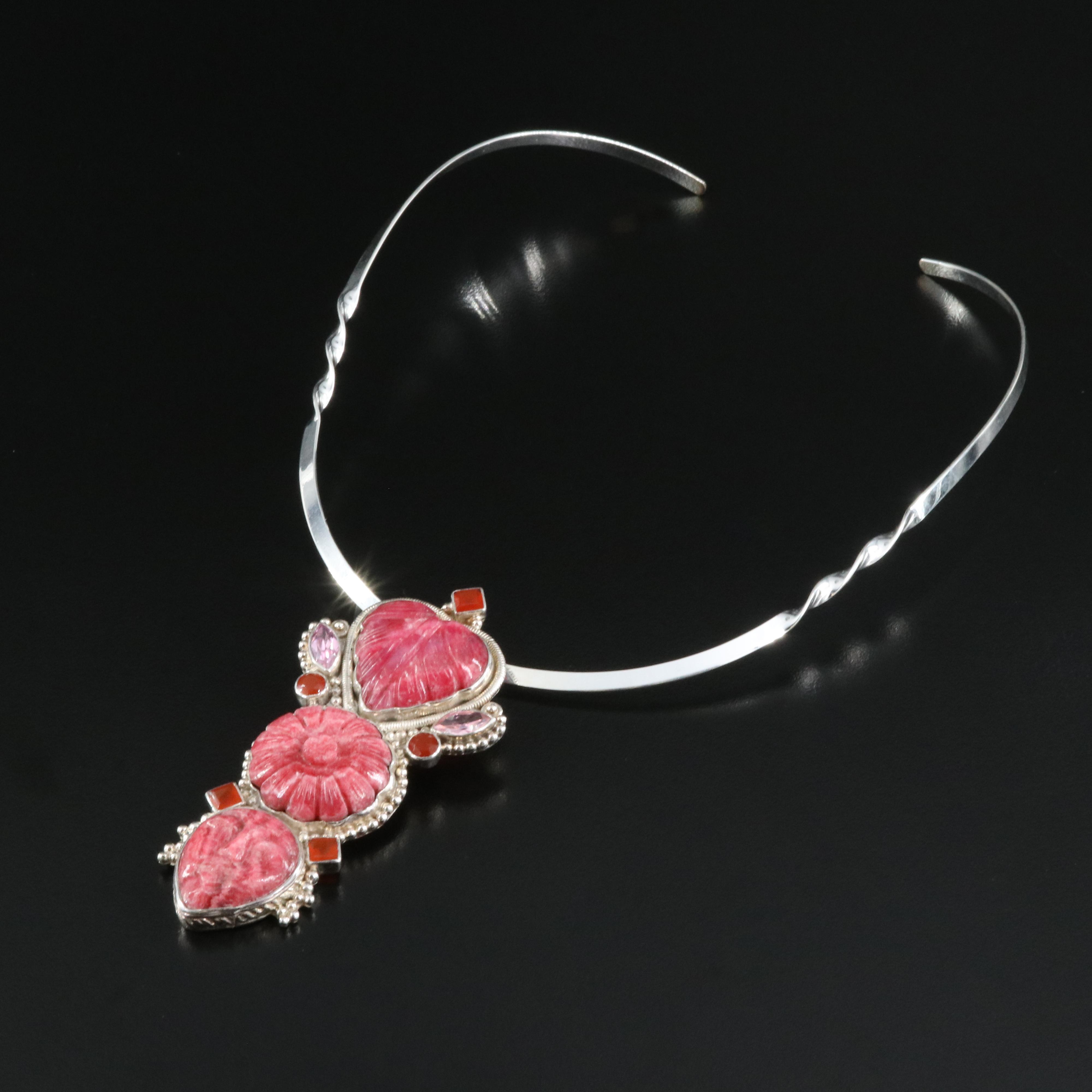 Sterling Calcite, Carnelian and Cubic Zirconia Pendant Necklace