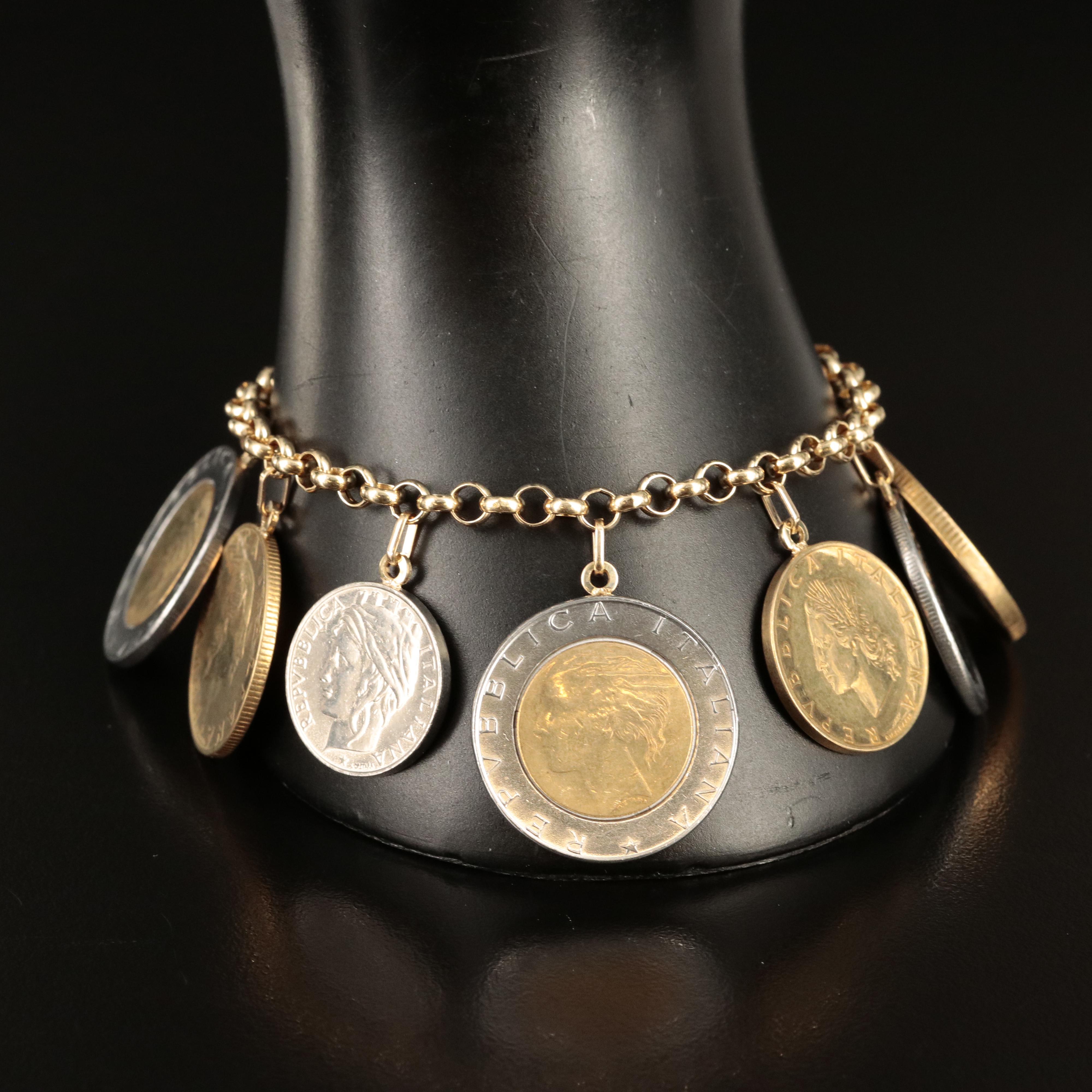 Italian 14K Bracelet with Modern Italian Coins of Varying Denominations