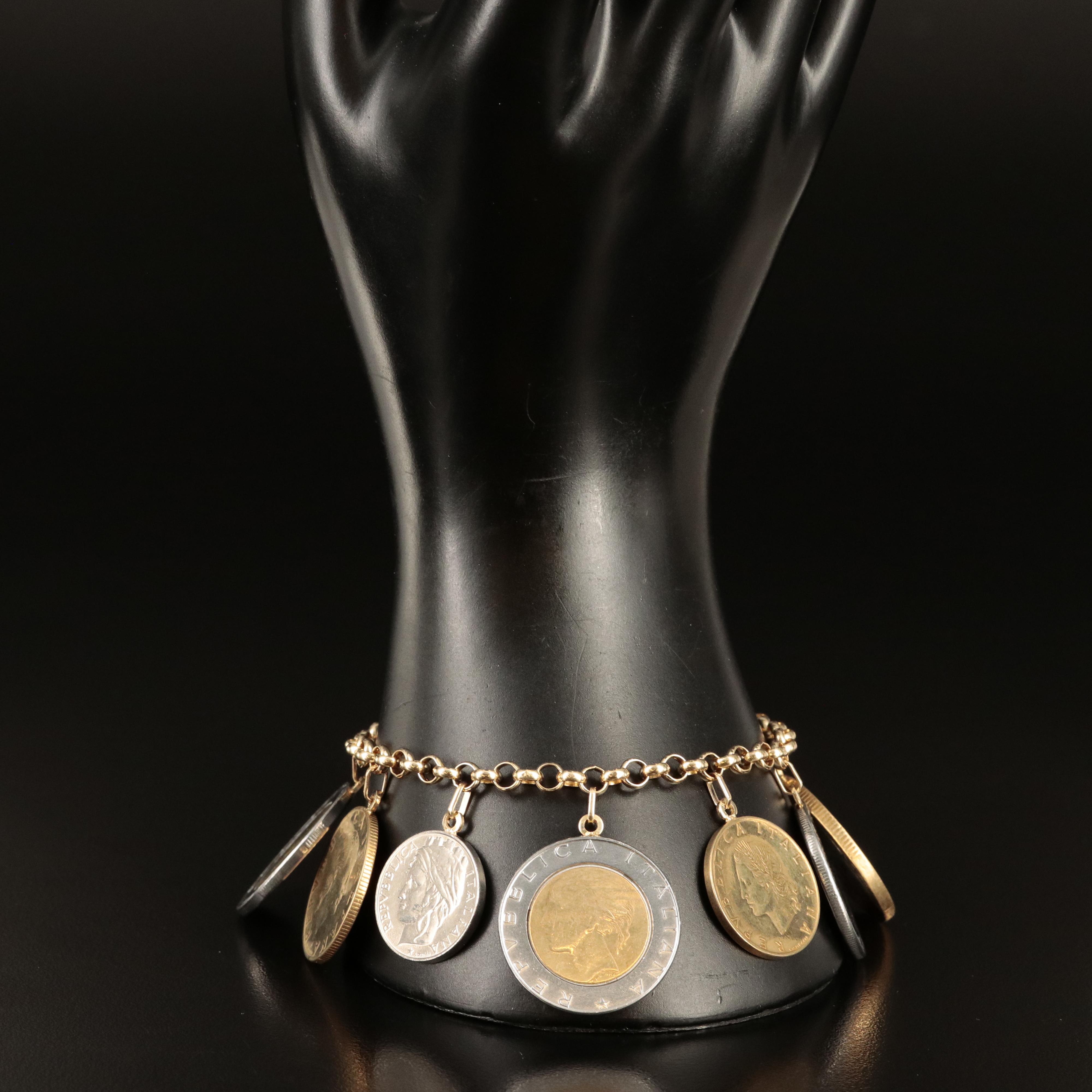 Italian 14K Bracelet with Modern Italian Coins of Varying Denominations