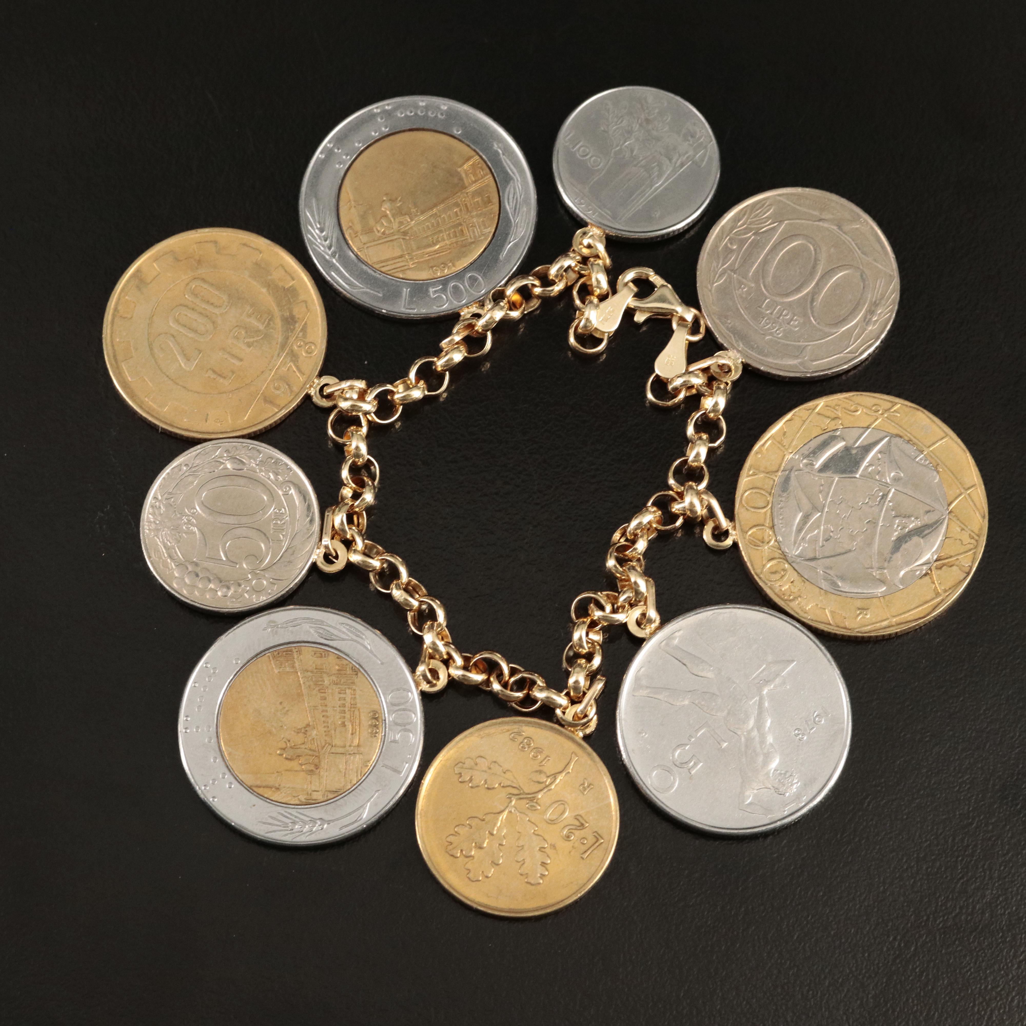 Italian 14K Bracelet with Modern Italian Coins of Varying Denominations