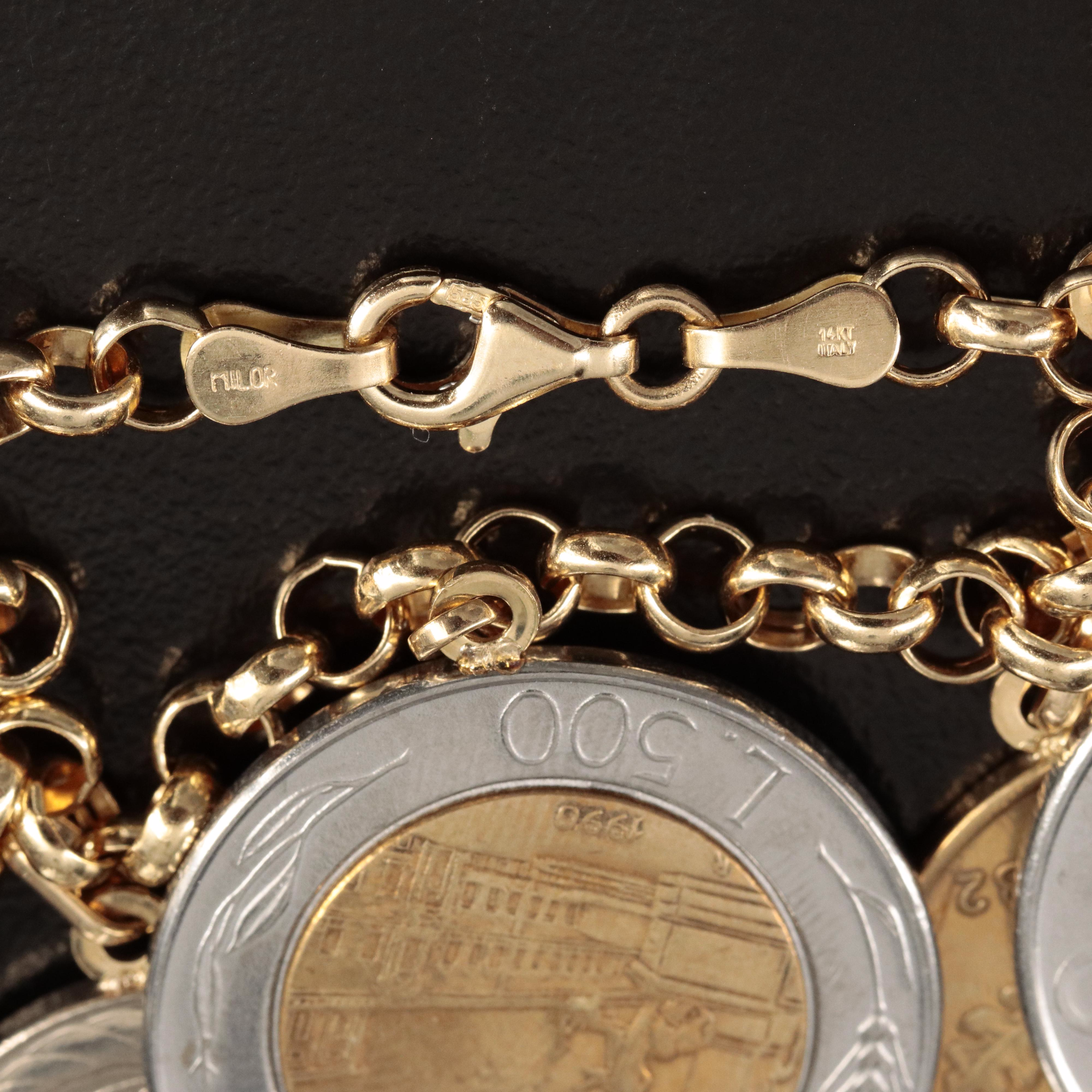Italian 14K Bracelet with Modern Italian Coins of Varying Denominations
