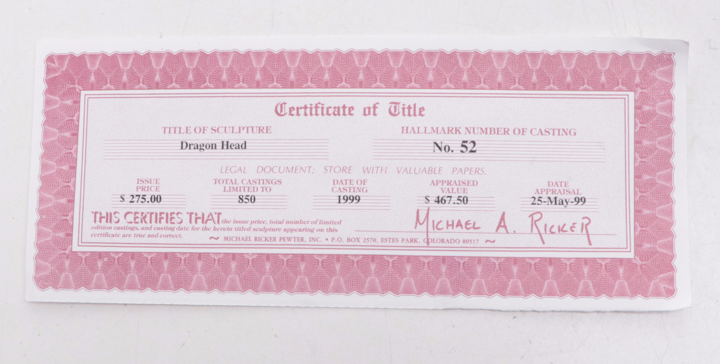 Michael A. Ricker Limited Edition Cast Pewter Dragon Head Knife in Display Case