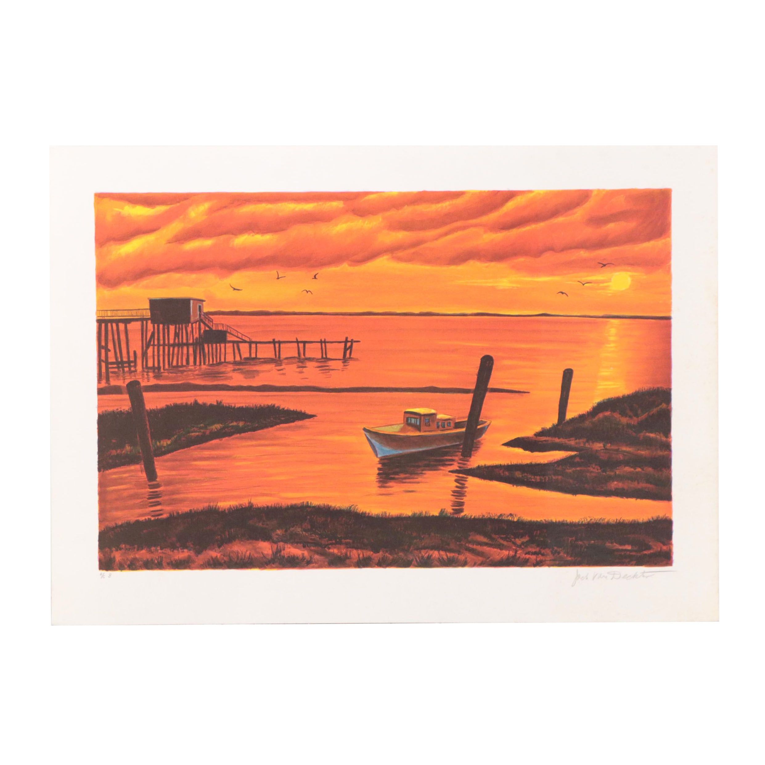 Jack Van Deckter Early Morning Harbor Scene Lithograph