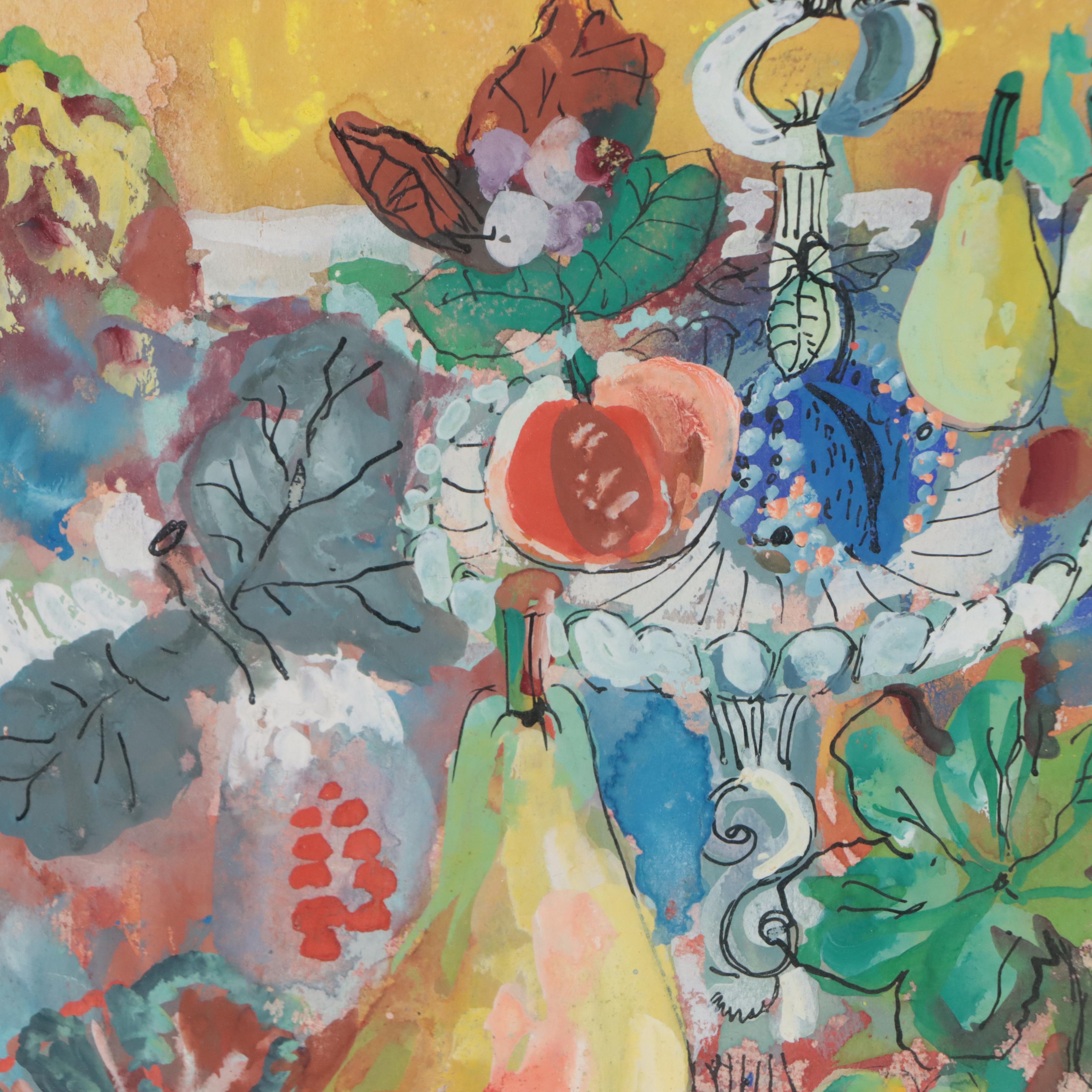 C. Bertman Mixed Media Painting of Various Fruits and Plants