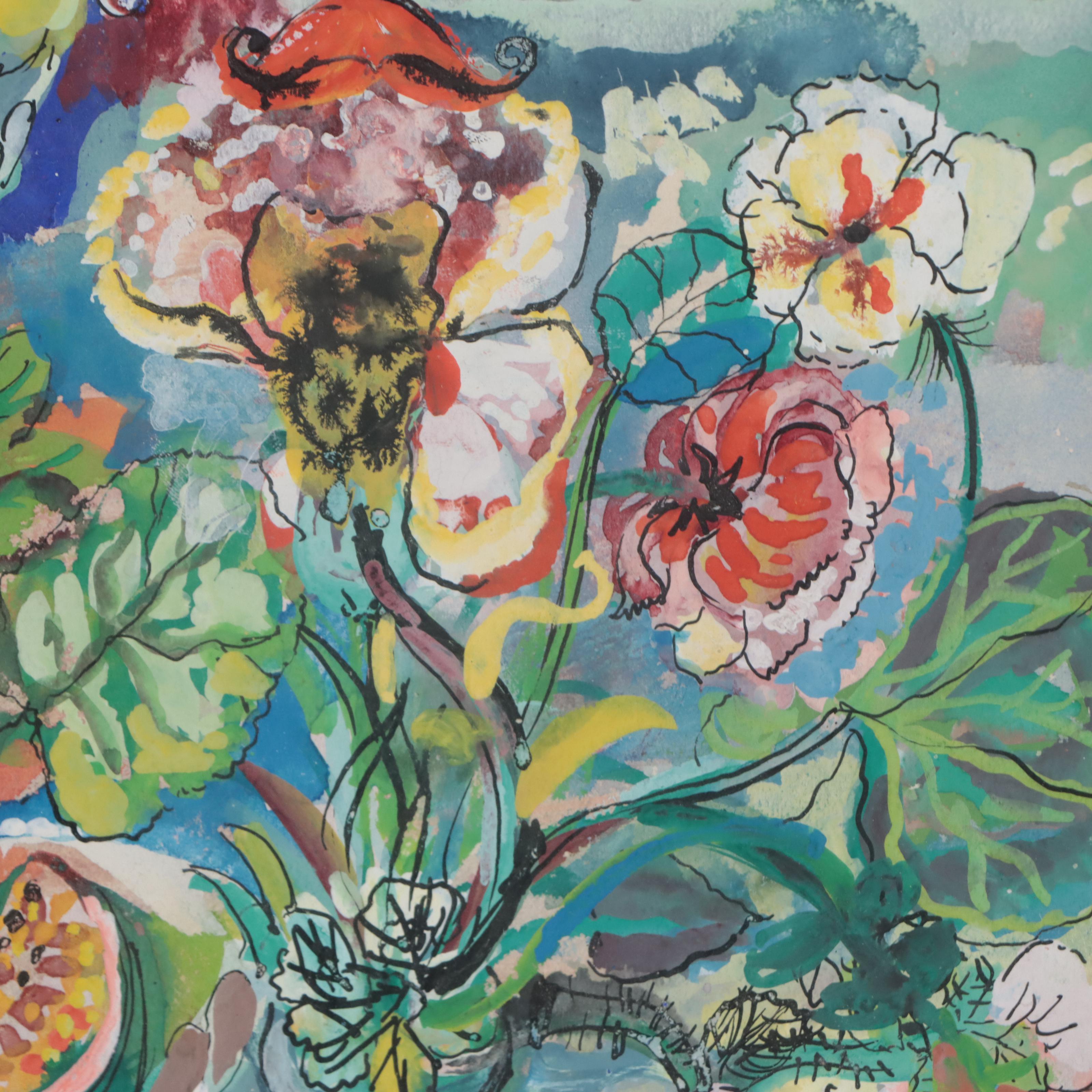 C. Bertman Mixed Media Painting of Various Fruits and Plants