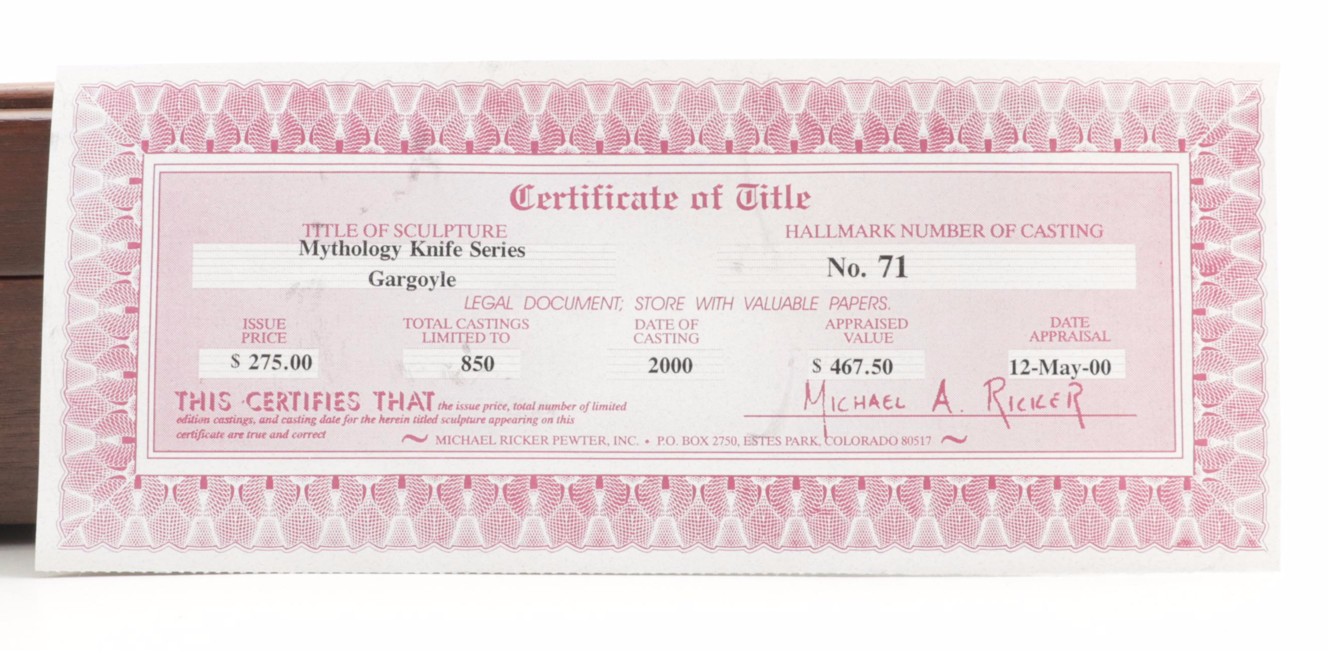 Michael Ricker Limited Edition Gargoyle Handle Knife in Presentation Case, 2000